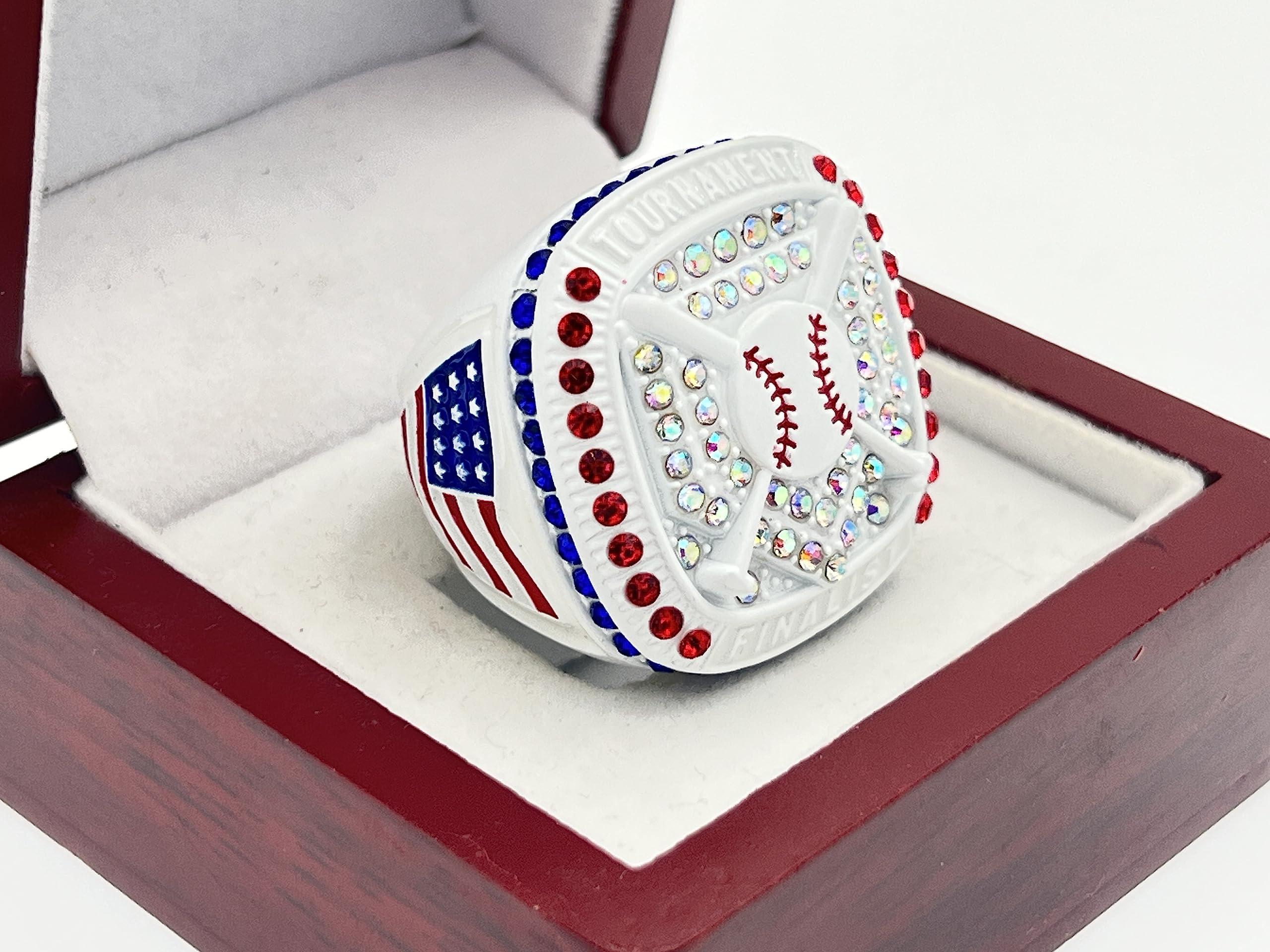 Discount Sports Rings HOME PLATE FINALIST RING — WHITE BODY, RED/CLEAR STONE WHITE PAINT Premium Softball Baseball Ring/Player/Team Awards/Tournament Ring