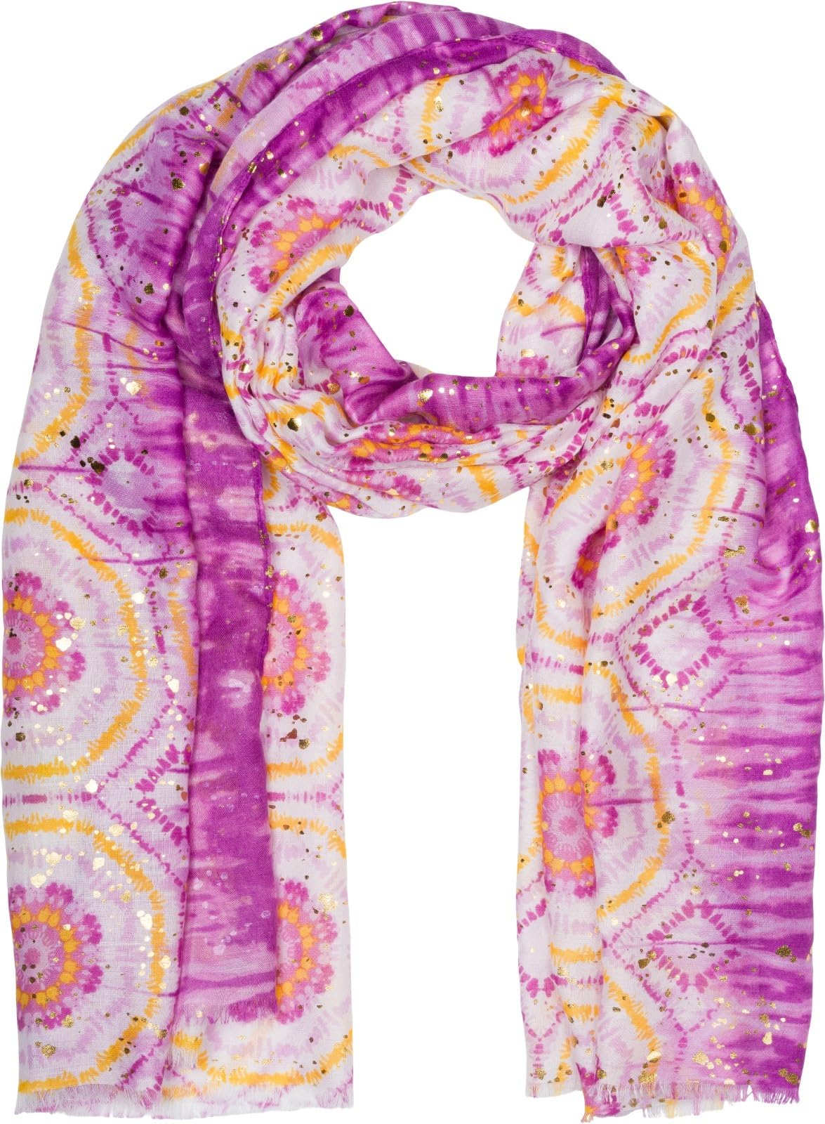 Stylebreaker Women's Purple-Yellow Scarf Batik Pattern With Metallic Stripes, Lightweight Boho Style Shawl With Short Fringes 01016230, Colour: