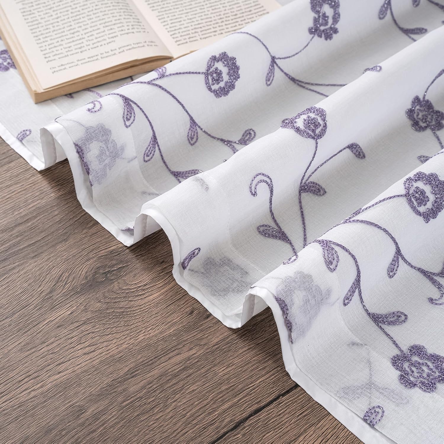 Petrichor Lavendar Luxury Double Layer Curtains, Satin-Lined Voile Embroidered Floral Pattern, Light Filtering Grommet Top Window Drapes for Living Room Bedroom Decor, 2 Panels, 55" W x 63" L
