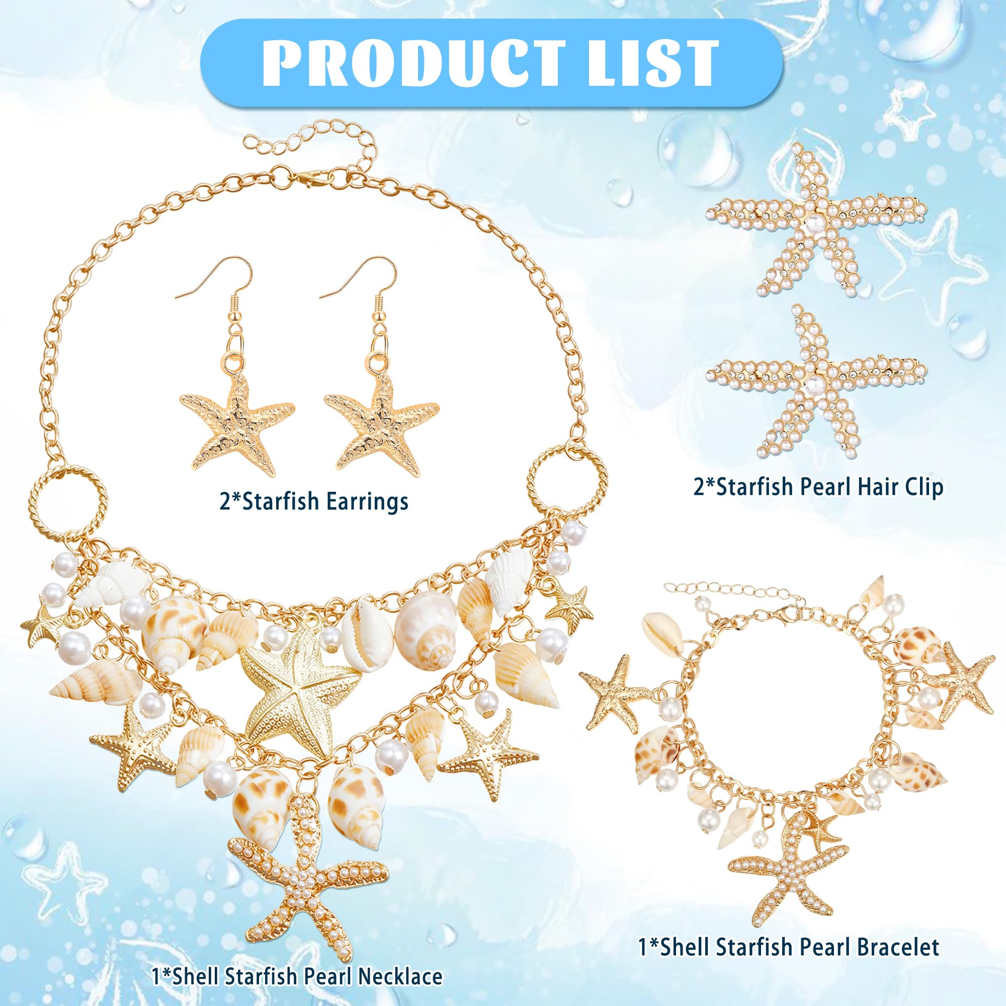 Women Mermaid Costume Jewelry Set, Mermaid Accessories with Starfish Seashell Necklace Bracelet Hair Clip Earrings