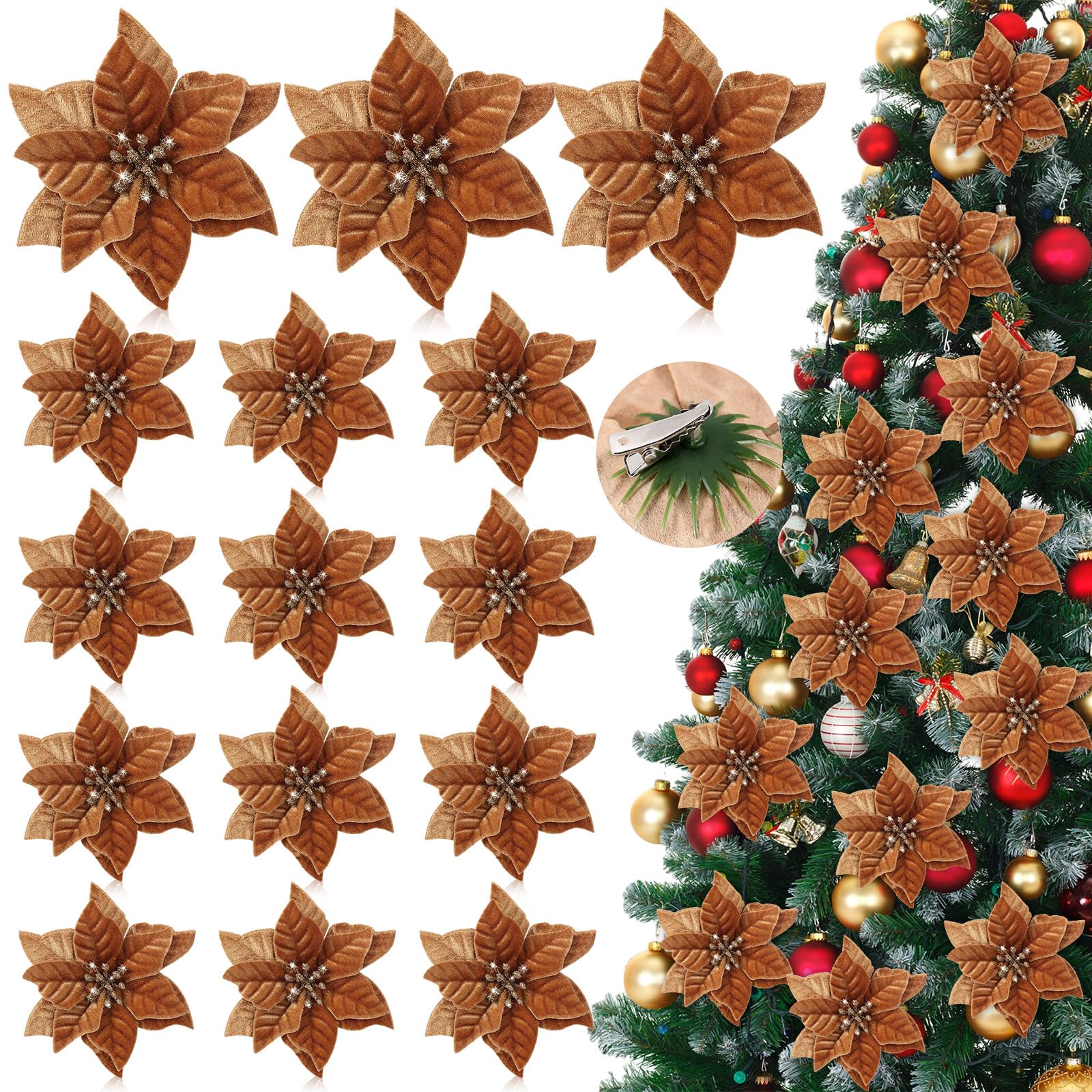 Thiccywoov 12 Pcs Artificial Neutral Christmas Poinsettia Flower Velvet Christmas Flower 5.9 Inch Faux Poinsettia Picks Christmas Tree Wreath