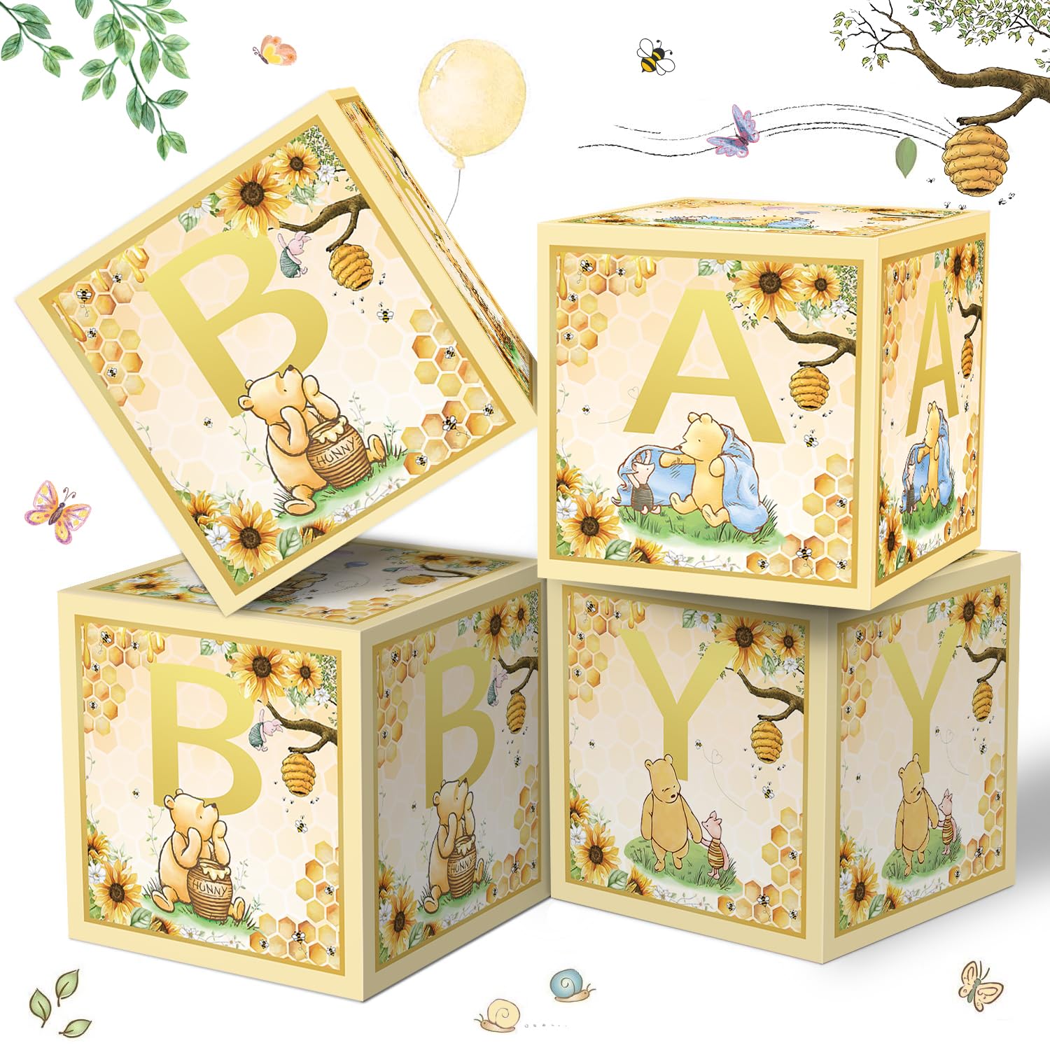Photo 1 of  Pcs Bear Baby Boxes with Letters for Baby Shower Baby Shower Decorations Bear Box Blocks Gender Reveal Decorations (Blue)