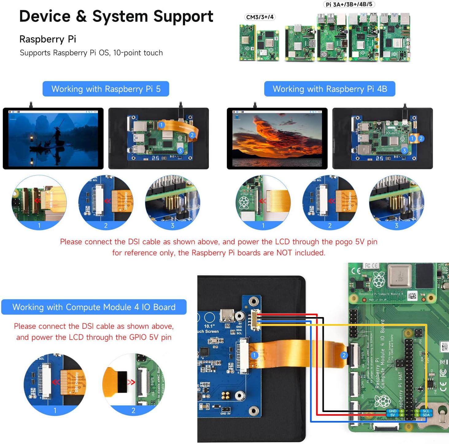 Diagram showing various Raspberry Pi models (Pi 3A+, 3B+, 4B, 5, CM3, CM3+, CM4) and connection examples for the 7-inch DSI display with Raspberry Pi 5 and Raspberry Pi 4B, detailing DSI cable and power connections.