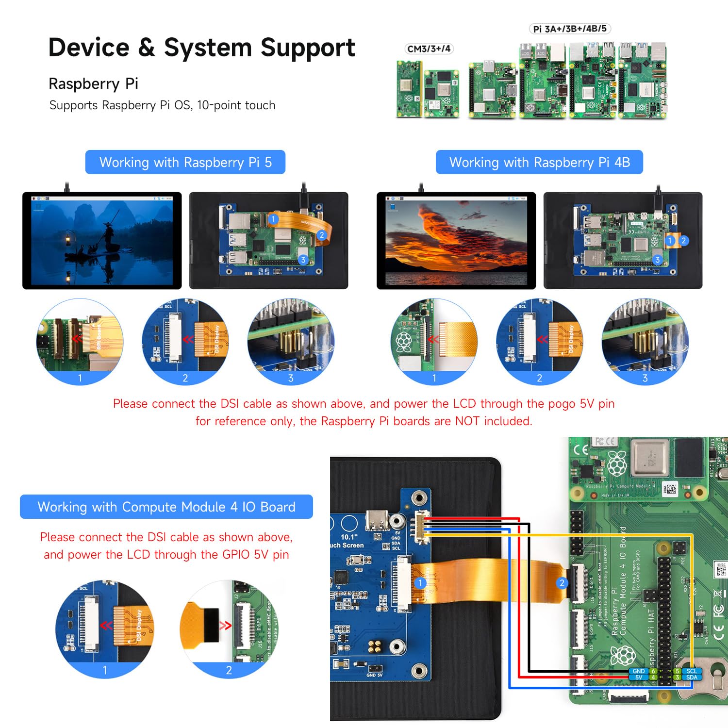 Waveshare 7inch DSI Capacitive Touch Display 2 for Raspberry Pi 5/4B/CM4 IO Board, 1280 x 800, 10-Point Touch, Higher Color Gamut, IPS, Optical Bonding Toughened Glass Panel, DSI Interface
