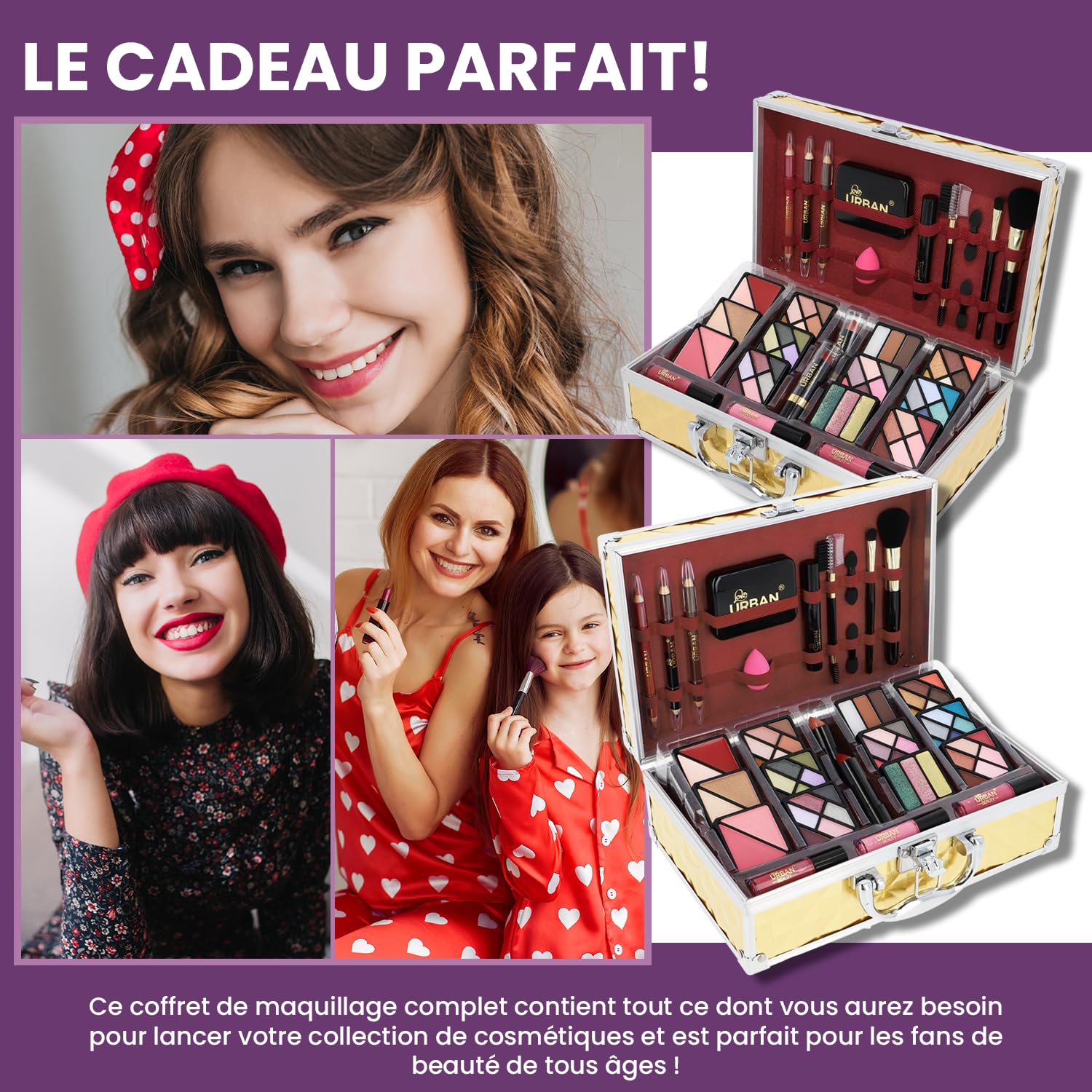 Trousse de Maquillage Végétalienne Love Urban Beauty Luxe Gold Touch Coffret Cadeau de Voyage 73 Pièces