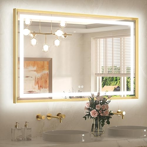 Miniatura 70 de TETOTE Espejo LED de baño de 24 x 32 pulgadas, marco de metal dorado cepillado frontal y retroiluminado, espejo de tocador antiniebla, regulable Oro