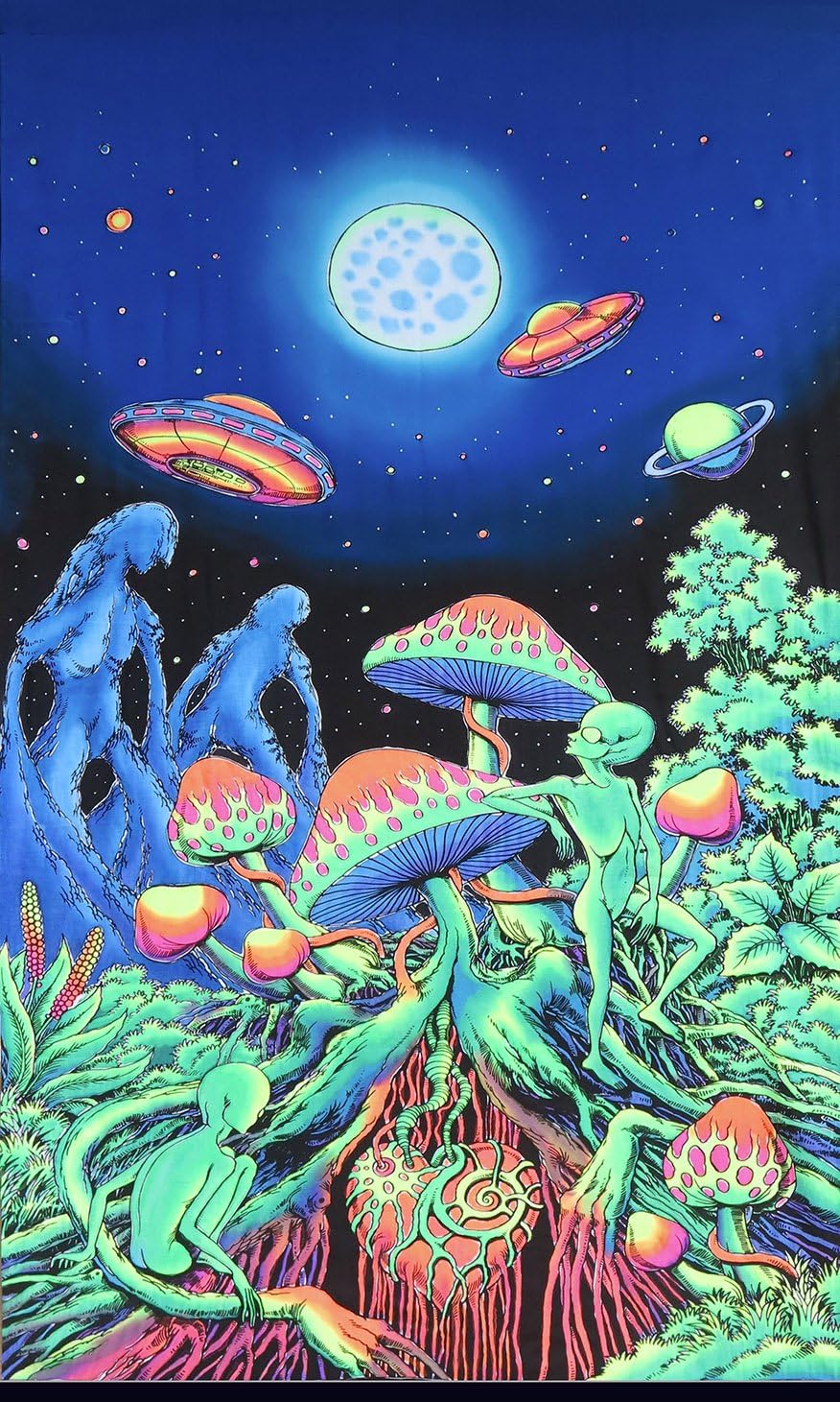 Psychedelic Tapestry 'Alien Shrooms' - Hand-painted and silkscreen batik wall-hanging - UV active wall-hanging -Trippy wall art - Black light active trippy tapestry - Fantasy tapestry