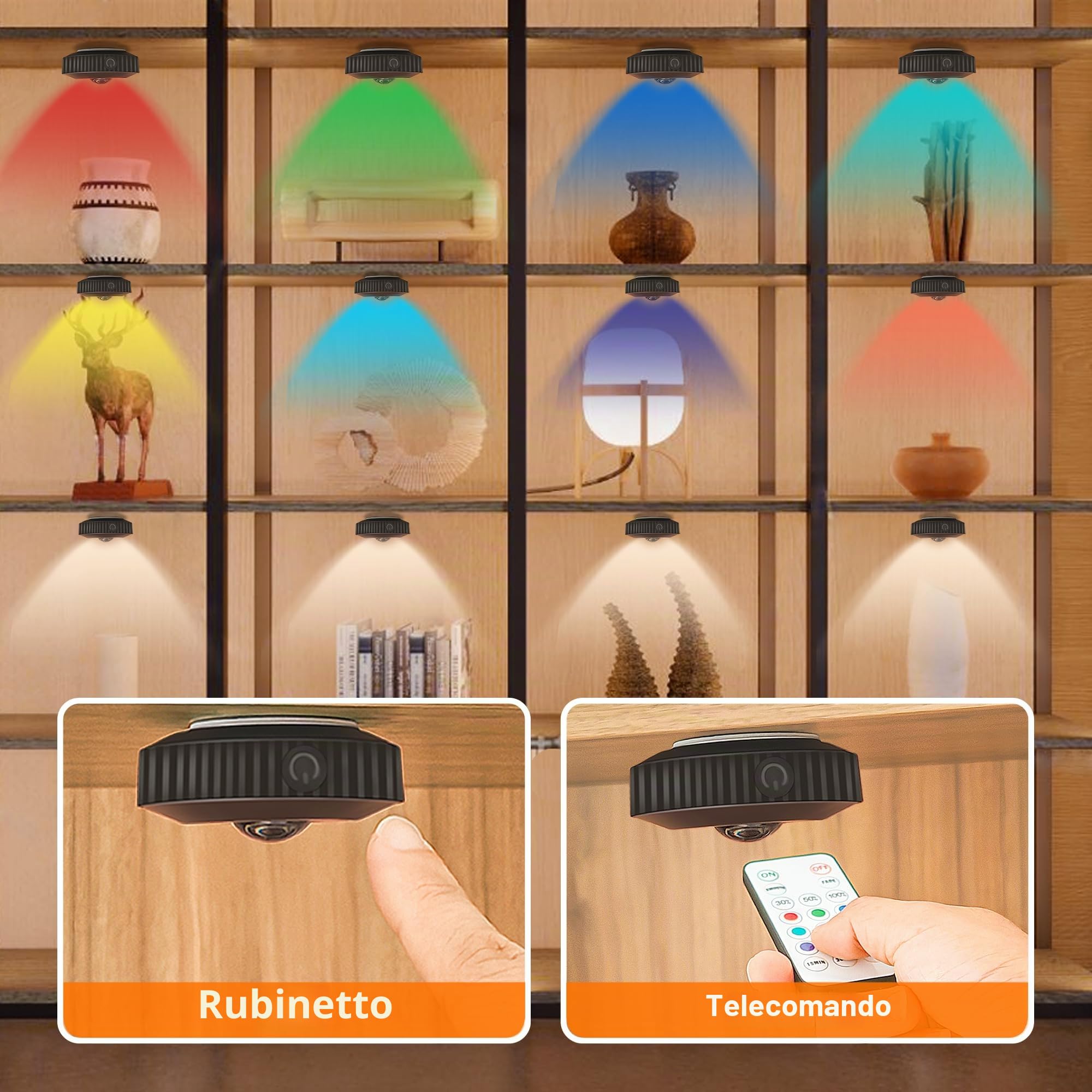 Zeadio luci da armadio LED con telecomando, illuminazione da incasso ricaricabile con pulsante a pressione e pulsante dimmerabile per soggiorno, camera da letto, dispensa, ecc(Confezione da 9)