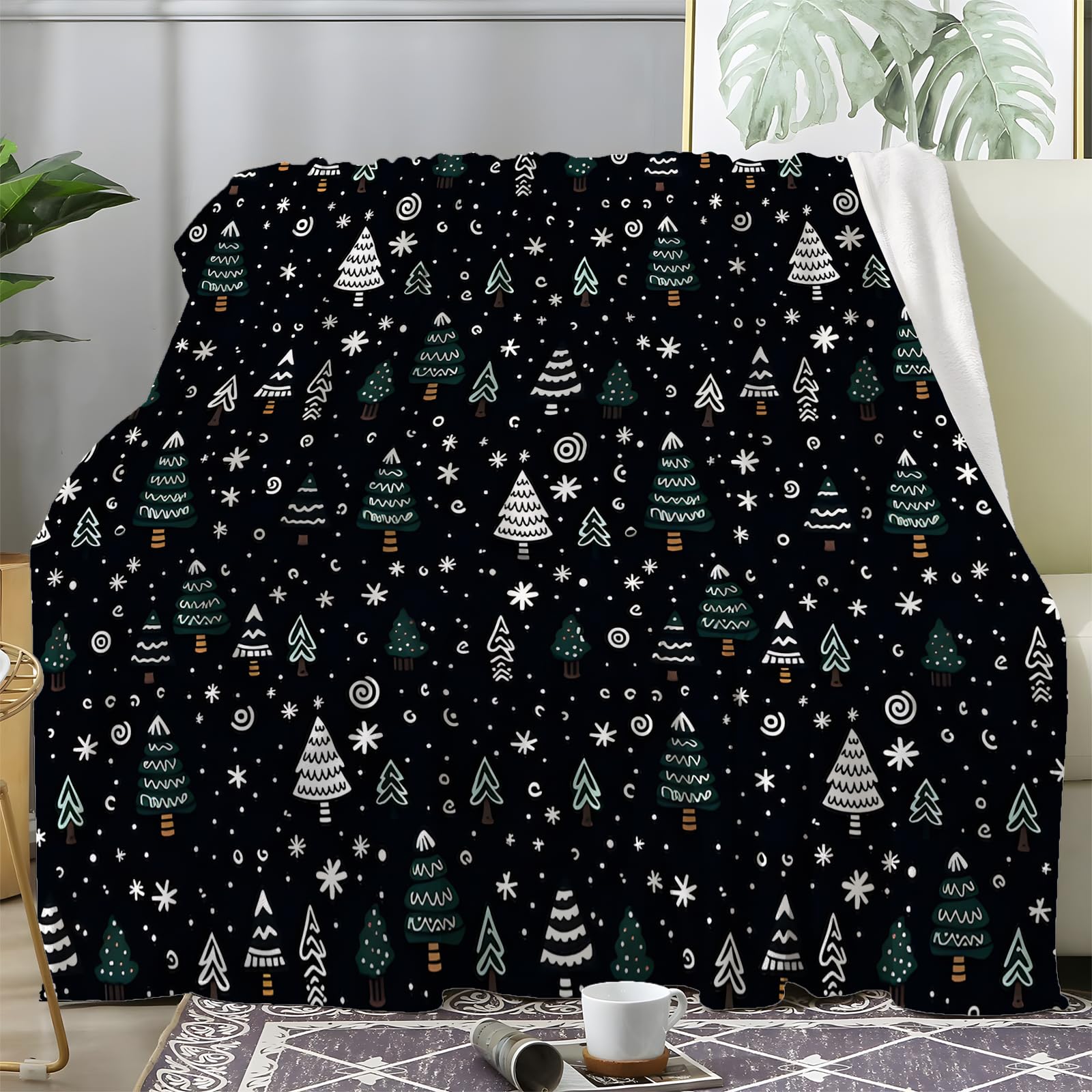 Kuscheldecke Flauschig mit Schneeflocken 150x200 cm - Klein Decke Fleecedecke Weich und Warm, Weihnachtsbaum Sofadecken Kuschelig Überwurf für Sofa, Couch, Bett & Wohnzimmer, Wohndecke Schwarz