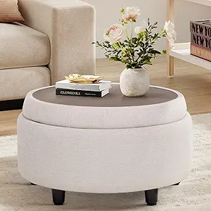 COLAMY Fabric Round Storage Ottoman with Reversible Tray Lid – Multi-Functional Footrest, Hidden Storage, Sturdy & Stylish Small Coffee Table for Living Room, Bedroom, or Entryway(Beige)