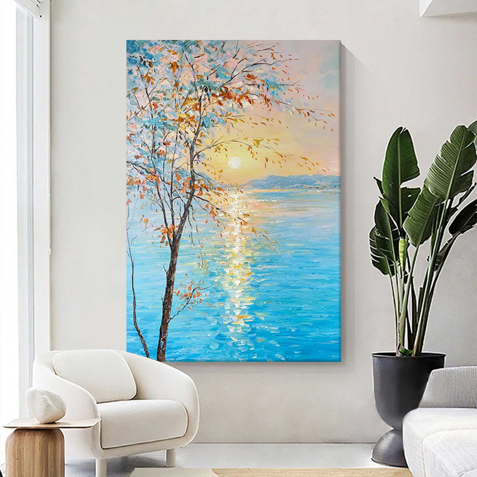 Peinture murale grand format pour salon moderne paysage de lever de soleil sur le lac apaisant