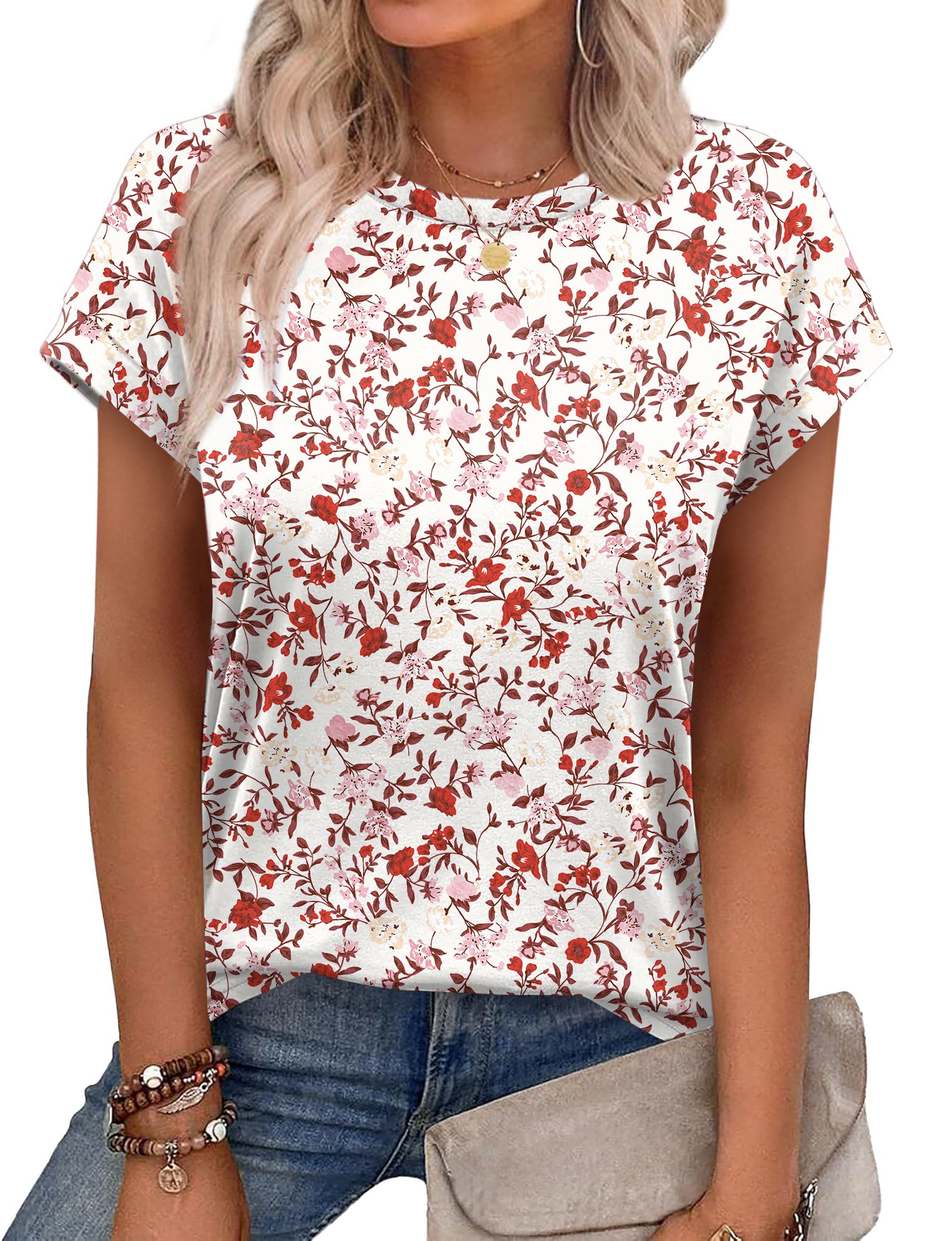 Aokosor Womens Summer Tops Floral Printed Short Capsleeve Shirts Crew Neck Cute Fashion Dressy Tunic Blouses for UK — view 22