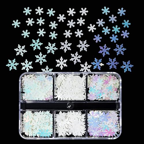 Miniatura 5 de 6 rejillas para uñas de invierno, diseño de copos de nieve, lentejuelas con purpurina, calcomanías holográficas de copos de nieve de Navidad,