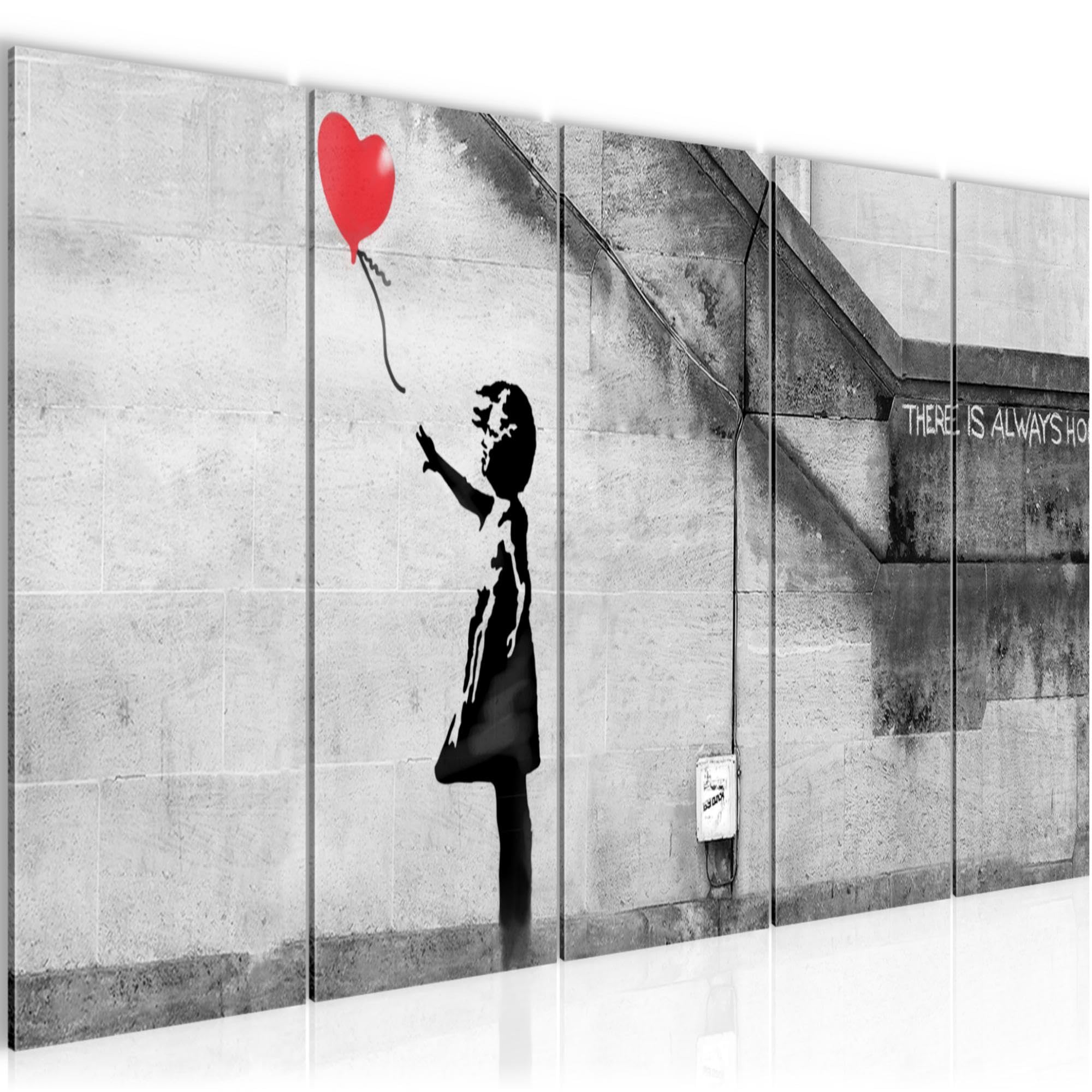 Runa Art Girls A Canvas Picture Xxl Banksy Balloon 200 X 80 Cm Red 5 Parts - Made In Germany - 301655A