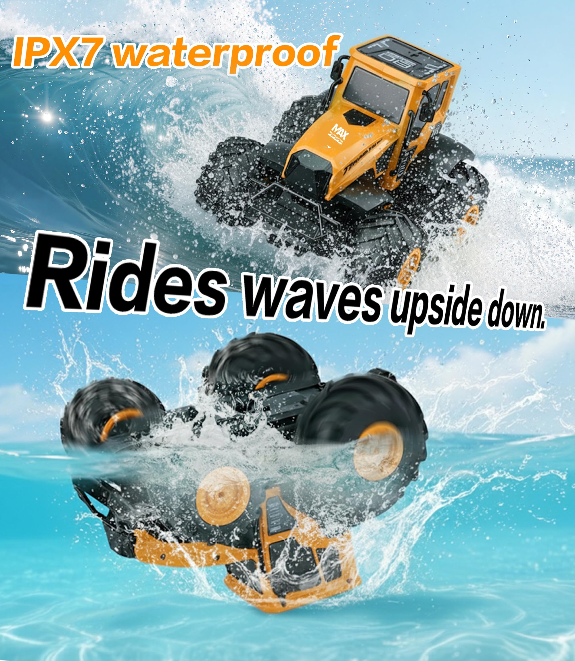 Coche Teledirigido Niños 1:14 Anfibio, 4WD Todo Terreno Agua y Tierra, RC Stunt Car Impermeable 2.4GHz, 360° Rotación 15km/h, 2 Baterías 1200mAh 90Min, Juguete Niño Niña 6+ Regalo Navidad Cumpleaños