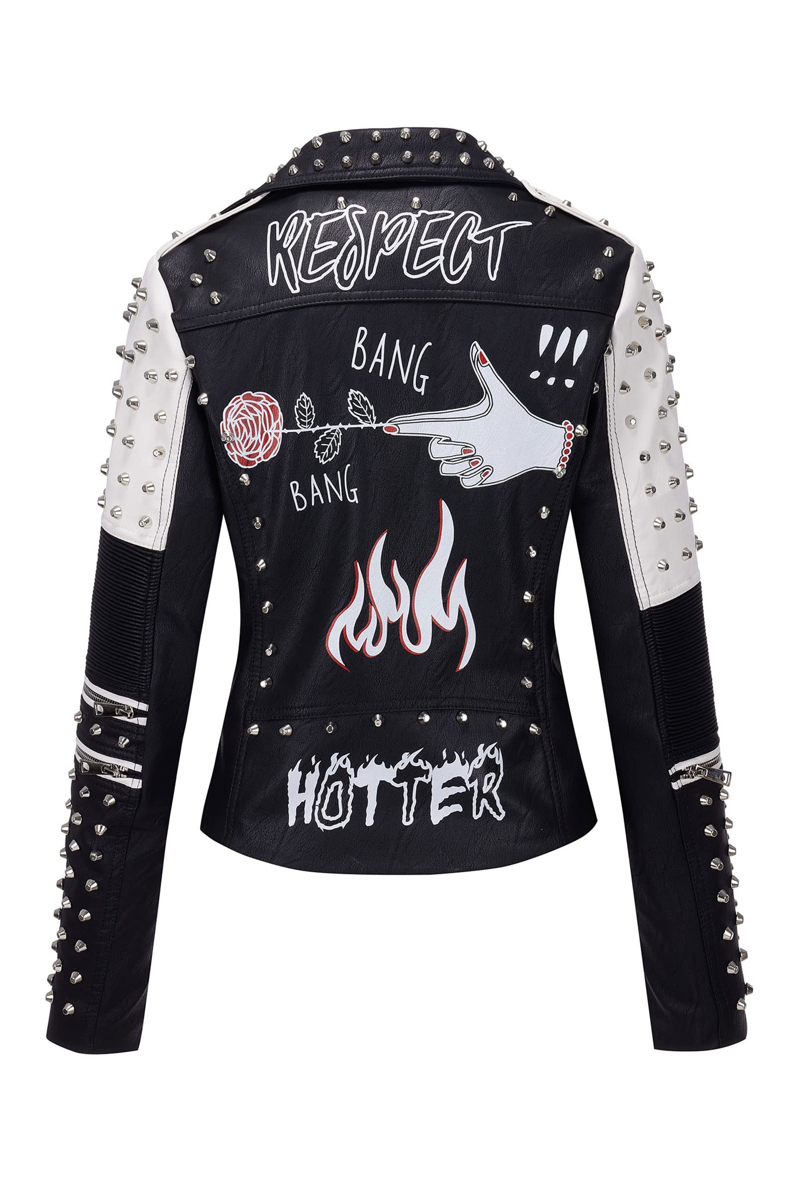 Giolshon Femmes Similicuir Veste Clous Rivets Floral Moto Court Revers Blousons