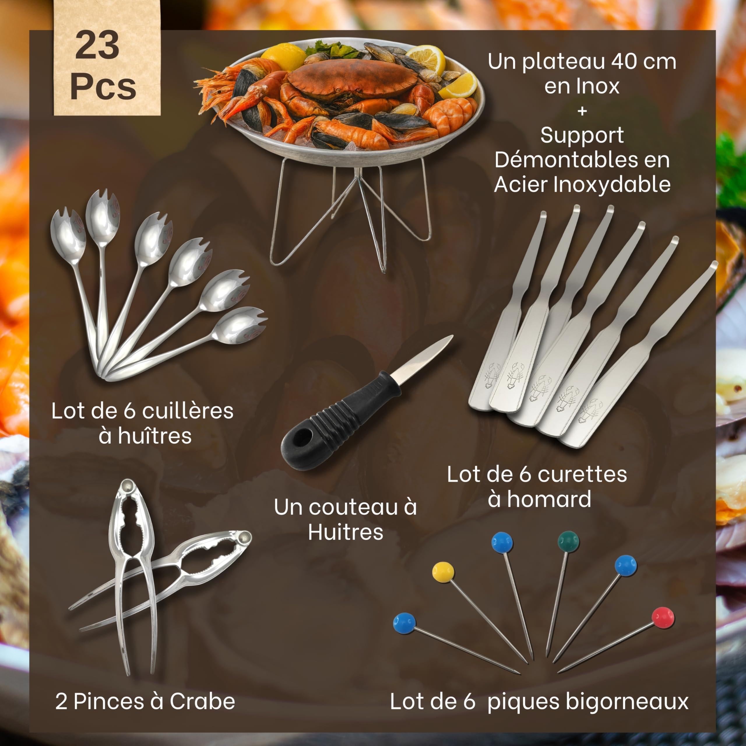 Plat de Service 23 Pièces - Service Crustacés en Acier Inoxydable - Plateau 40 cm, Support Plateau, Curettes à Homard, Cuillères à Huitre