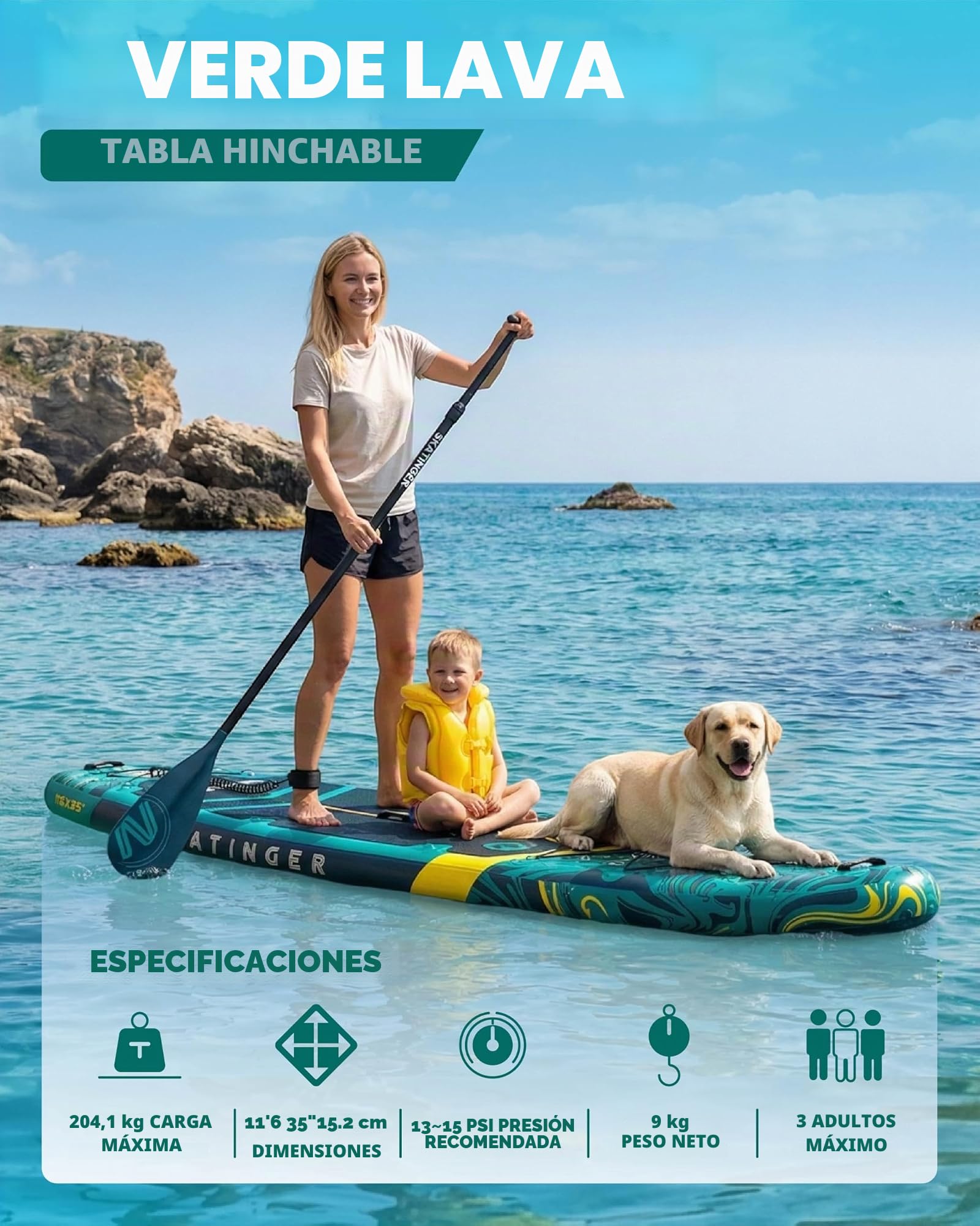 Skatinger Tabla de Remo Inflable extraancha de 335 x 86 cm, soporta hasta 190 kg, para Adultos, Sup Estable para 2 Personas/Familia, Remo de 3 Piezas, Correa para el Hombro, quilla Estadounidense