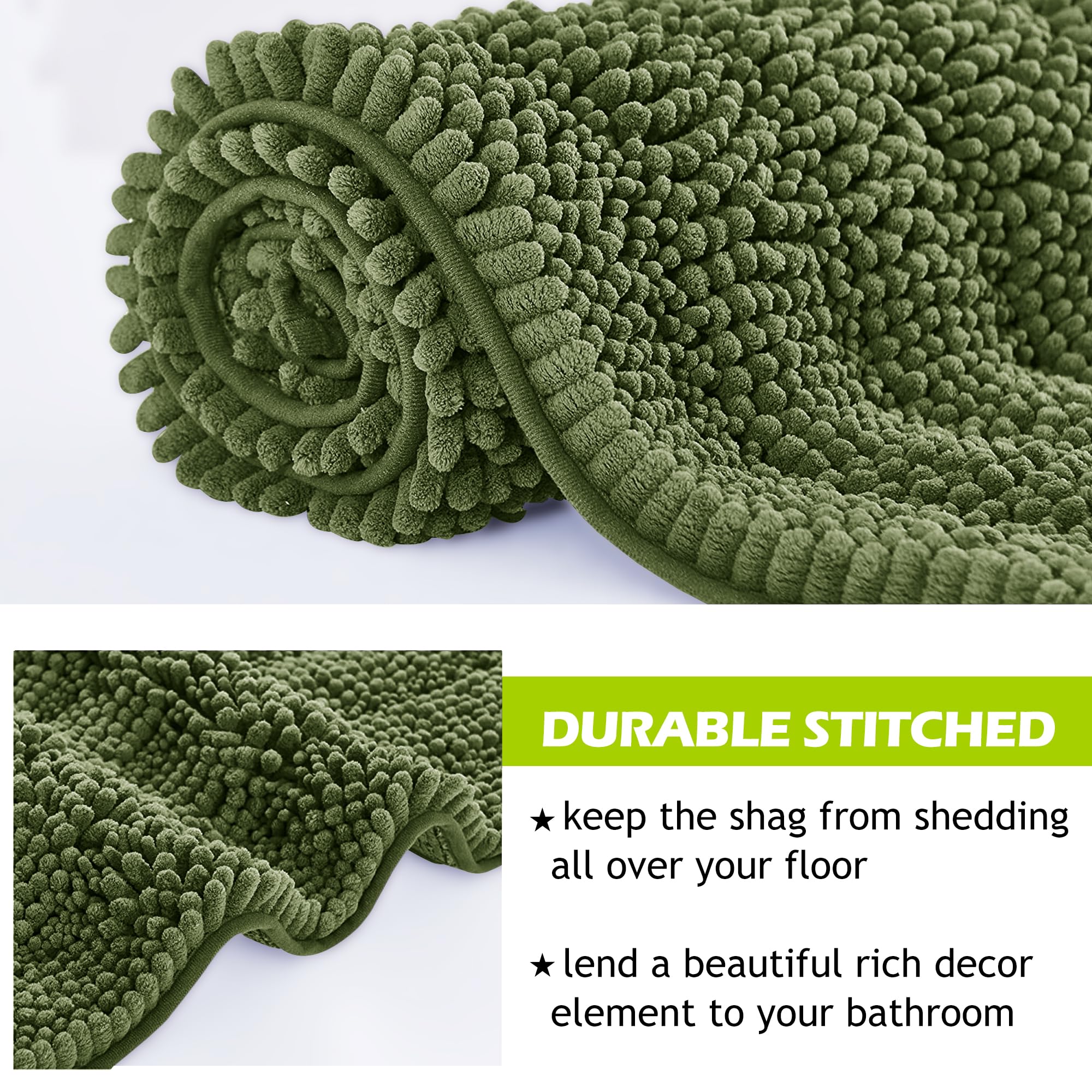 KGORGE Tapis de bain doux et antidérapant pour salle de bain - Confortable à poils longs - En chenille épaisse - Absorbant l'eau - Séchage rapide - Vert sauge - 152,4 x 61 cm