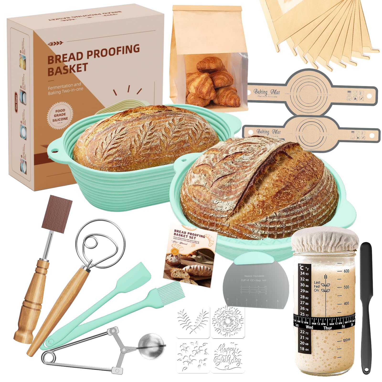 MQFORU Sourdough Starter Kit, 30Pcs Complete Bread Baking Set, 28cm Round & 29cm Proofing Basket, Easy to Fold Washable, Microwave-Safe, Perfect for Home Bakers Beginners