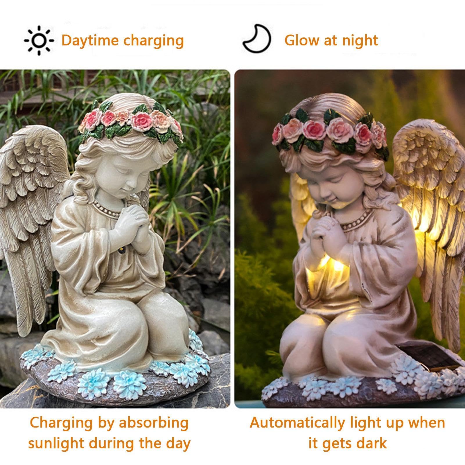 Statuetta Angelo Solare Per Esterni Con Catena Luminosa LED | Decorazione Da Giardino In Resina Resistente Alle Intemperie