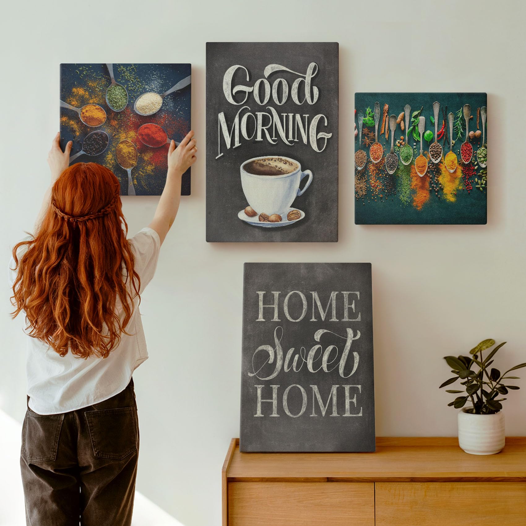 Wallfluent Wandkunst Leinwandbild Set 40x40 x 60x40 cm Polycanvas Wand 4-teiliges Set - ration Schlafzimmer Wohnzimmer - Gewürze Kaffee mit einer Tasse Küchenkräuter Gewürze