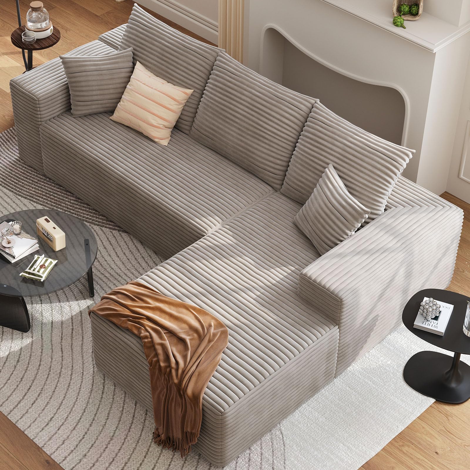 107" Corduroy L-Shaped Cloud Couch with Pillows, Modular Sectional Sofa with Chaise, Comfy 3-Seater Sofa with Deep-Seat for Living Room, No Assembly