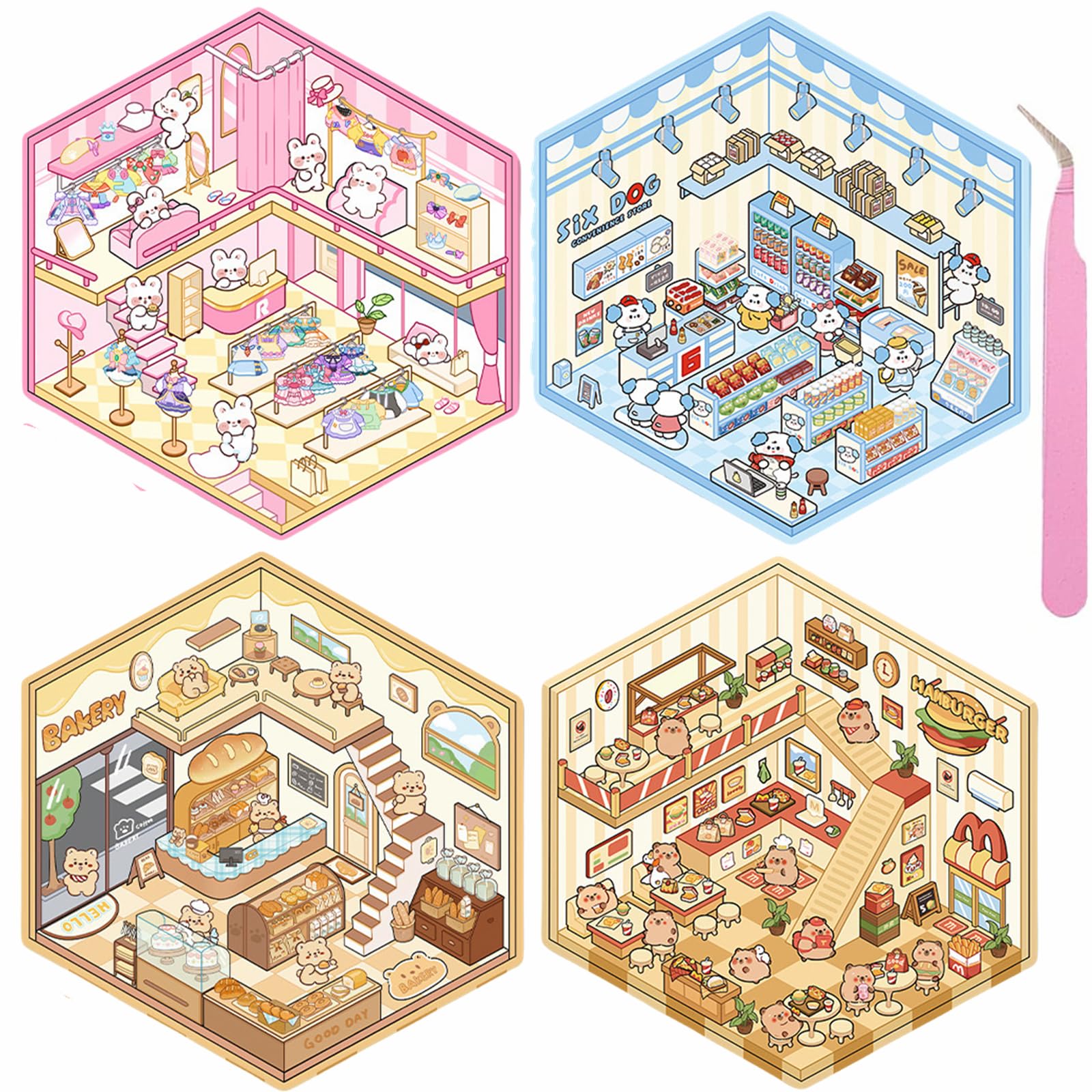 4 Sets DIY 3D House Stickers, Clothing Store & Mini Convenience Store Scene Stickers - Cute Cartoons for Adults, Kids - Fun Sticker Games for Girls