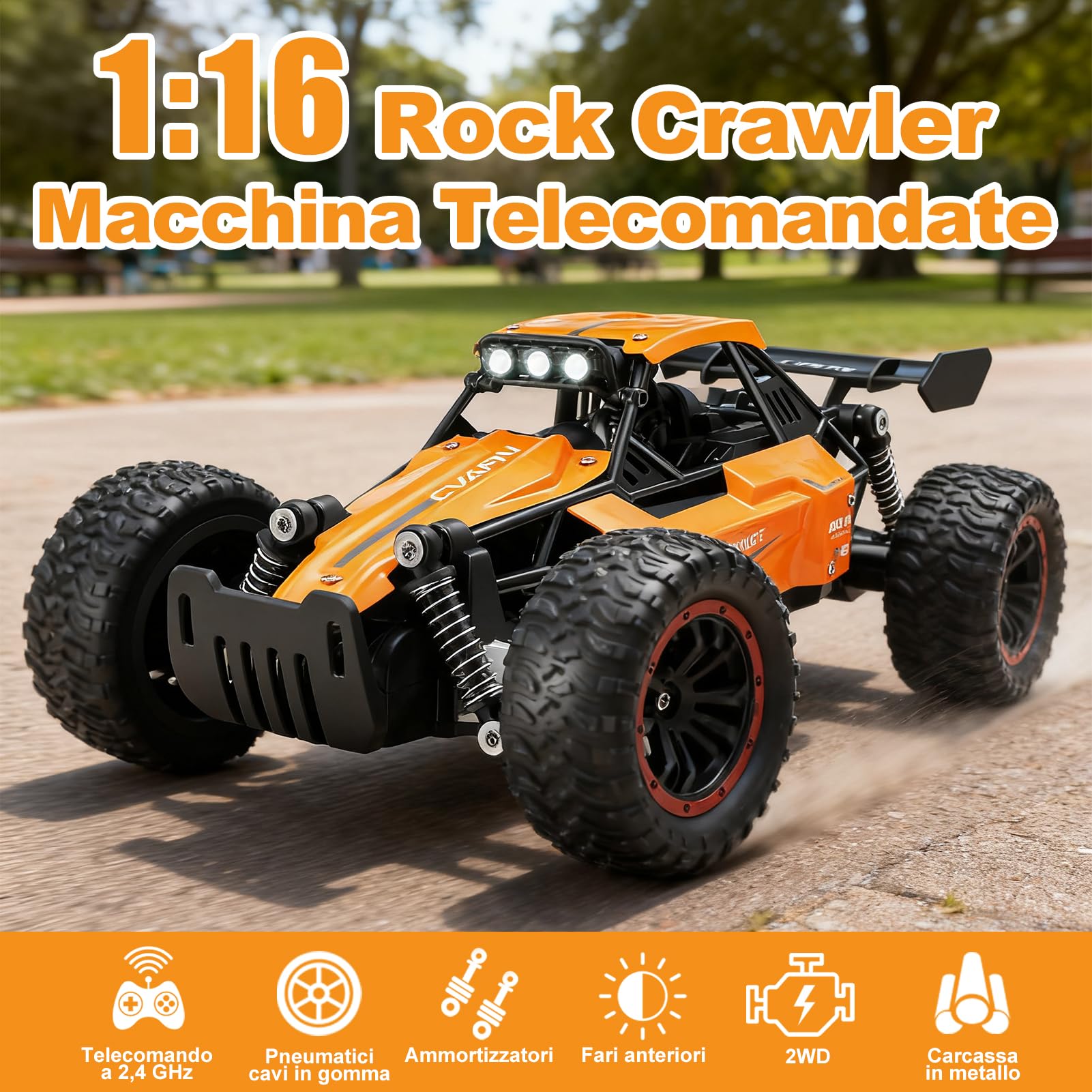 Jiakora Macchina Telecomandata per Bambini, 2,4 GHz Auto Telecomandata con Luce LED, 1:16 RC Car Offroad Monster Truck Telecomandato con 2 Batterie, Auto Giochi Regalo di Compleanno Natale per Ragazzi