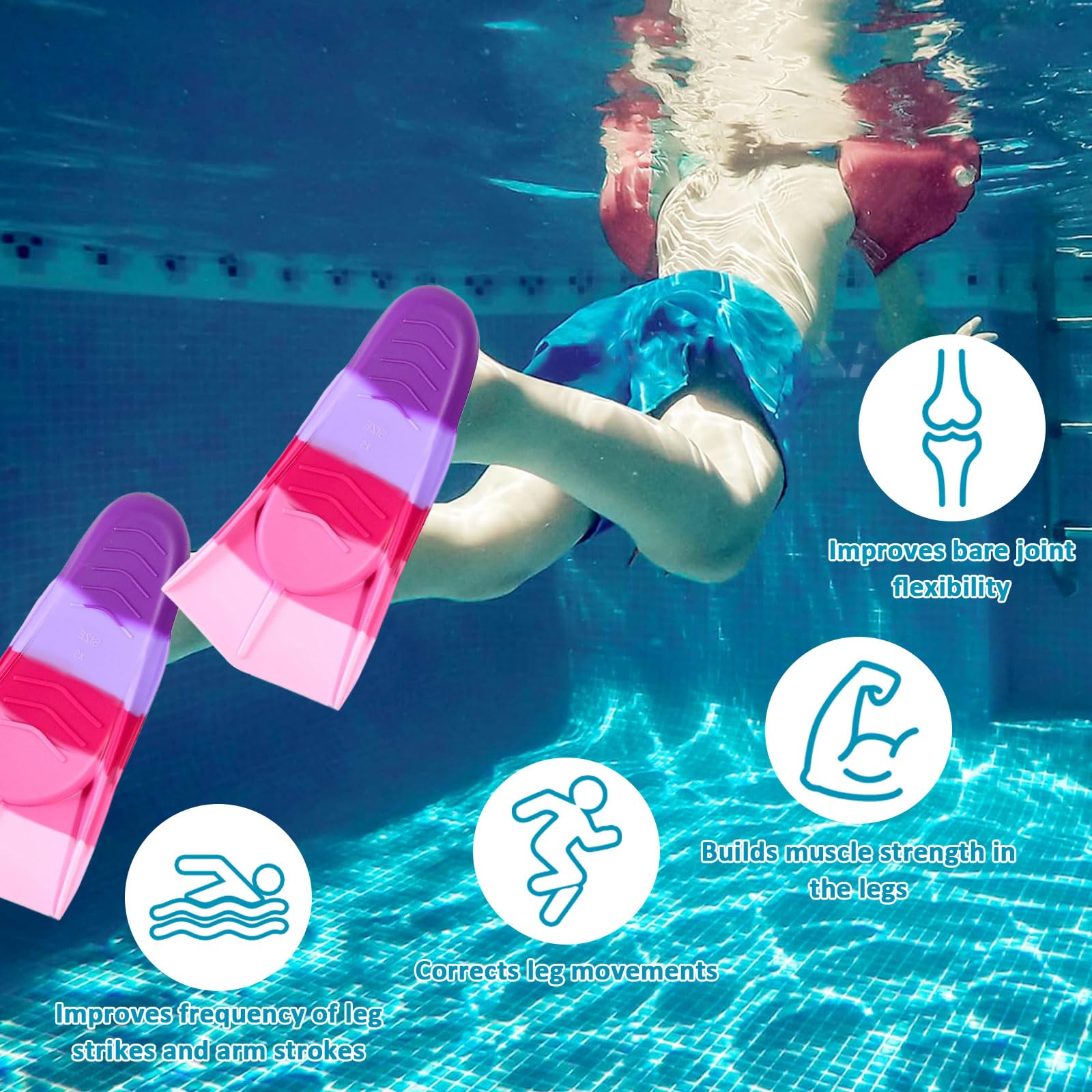 Pinne da nuoto in silicone, 100% silicone, pinne corte per allenamento, comode pinne in silicone, per bambini e adulti
