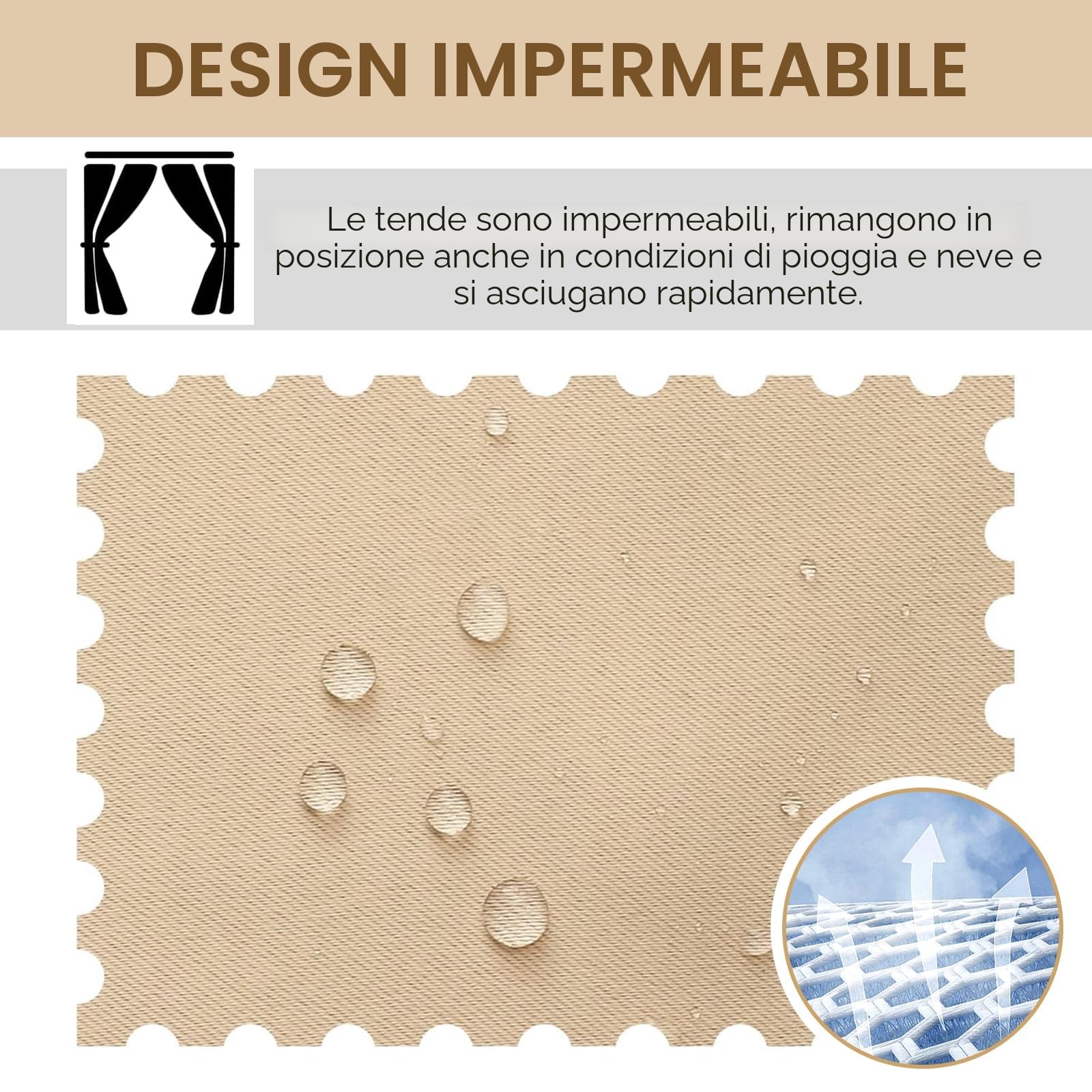 Tende da Esterno, 2 Pezzi Tende per Gazebo Antipioggia con Anelli, Tenda per Esterno Impermeabili, Tenda Oscurante da Esterno per Terrazzo Porta Balcone Veranda Giardino Pergola(132*215cm,Beige)