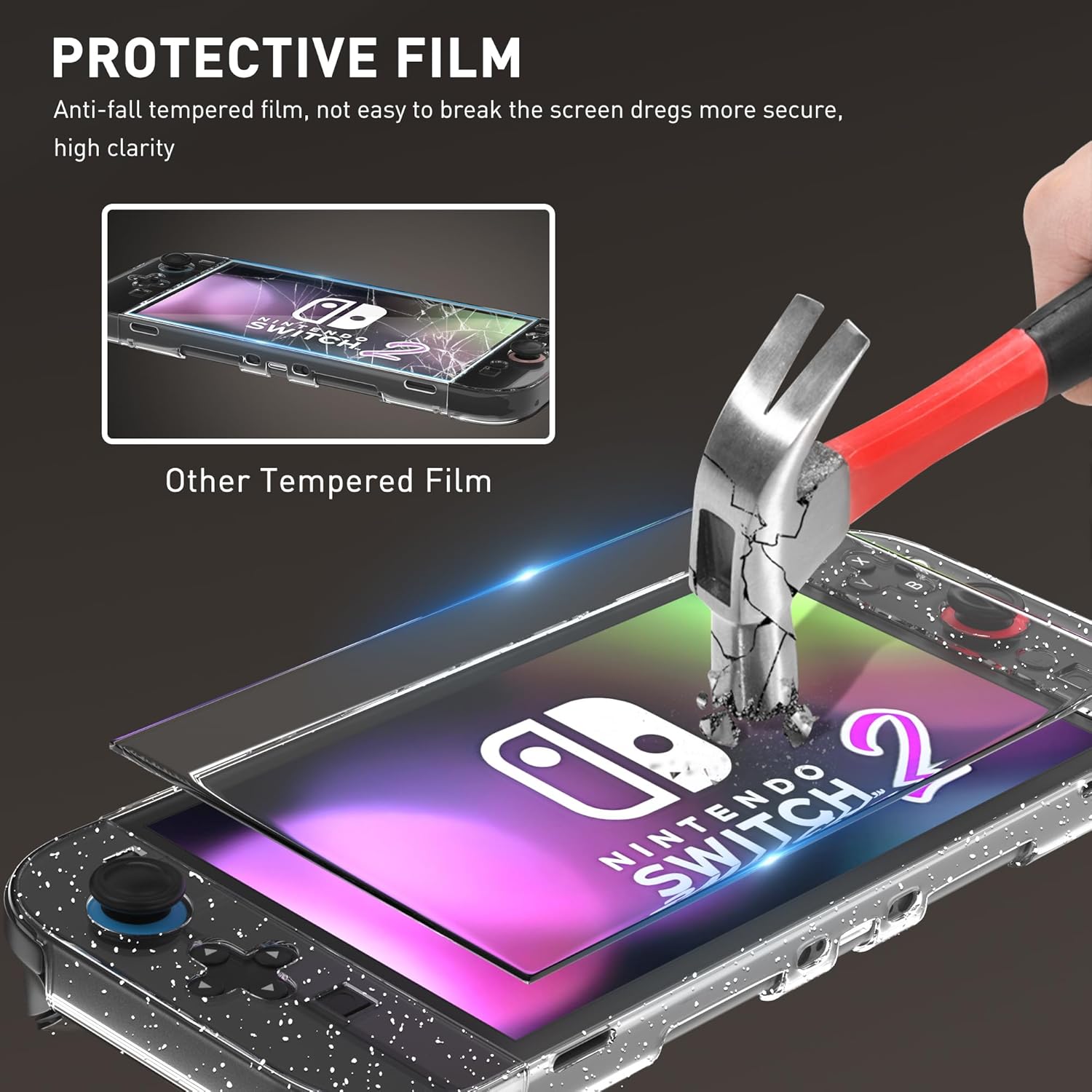 PAWDIARY Clear Switch 2 Accessories Case, Glitter PC Switch 2 Protective Cover for New Switch 2025 Console & Controller Grip with HD Screen Protector and 4 Thumb Caps, Sparkle Hardshell Skin Kit - Image 4