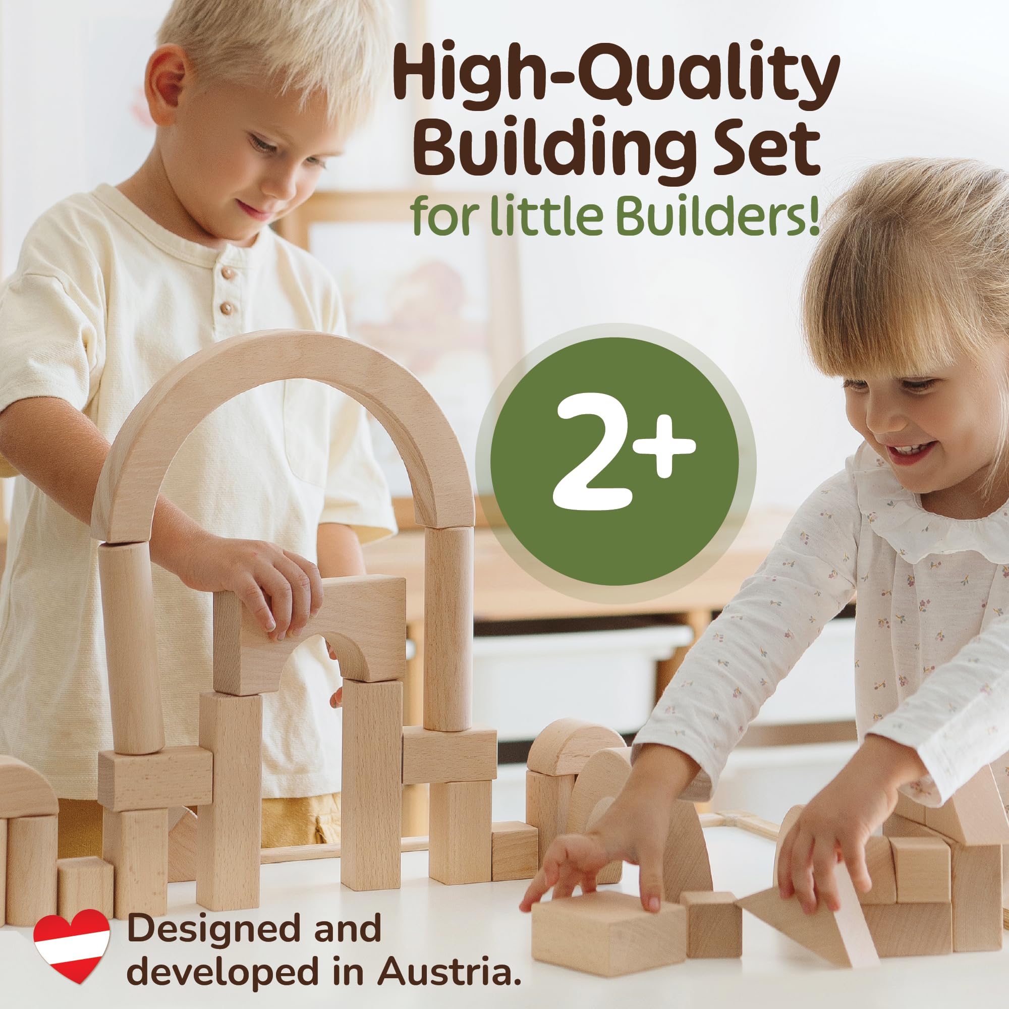 Merle Toys® Premium Drewniane Klocki Konstrukcyjne Naturalne, Duże Drewniane Klocki do kreatywnego budowania, Klocki dla dzieci od 2 lat, Klocki konstrukcyjne od 3 lat, 100% FSC, 30 elementów