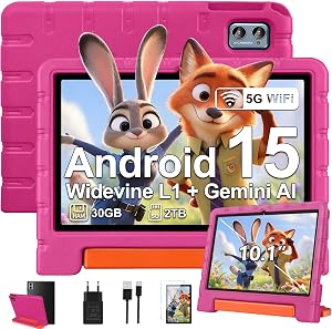 ZIOVO Tablette Enfants 10 Pouces Android 15, 30Go RAM+64Go ROM (TF 2To), 5G WiFi Tablettes, Gemini AI, Octa-Core/Widevine L1/Face ID/Contrôle Parental/6000 mAh/BT 5.0, Tablette avec étui EVA -Rose