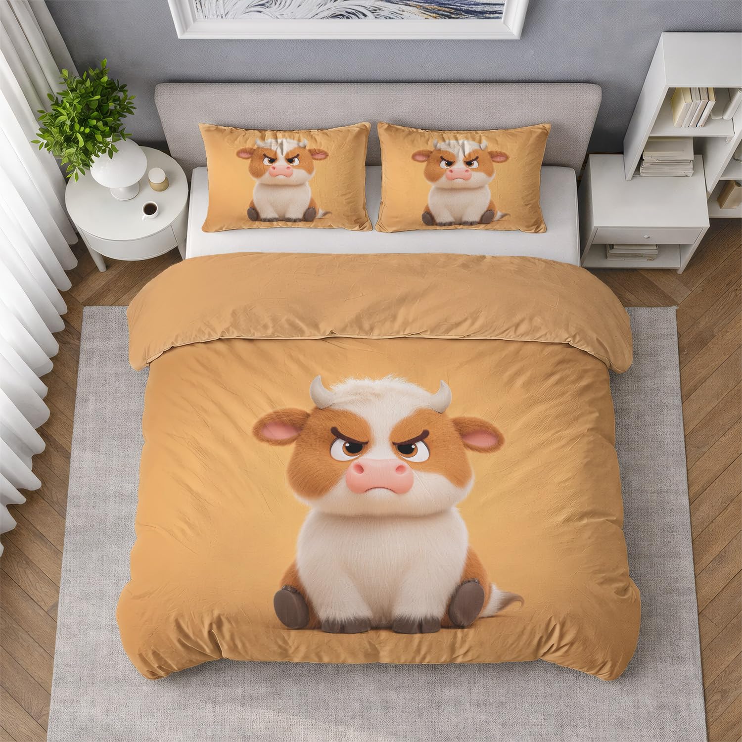 Poszwa na kołdrę Zima Zwierzęta - 220 x 240 cm - Dwustronna pomarańczowa mandarynka z mikrofibry - 2 poszewki na poduszki w zestawie - Urocza zrzędliwa krowa Pościel - Morbid Microfiber Duvet Cover