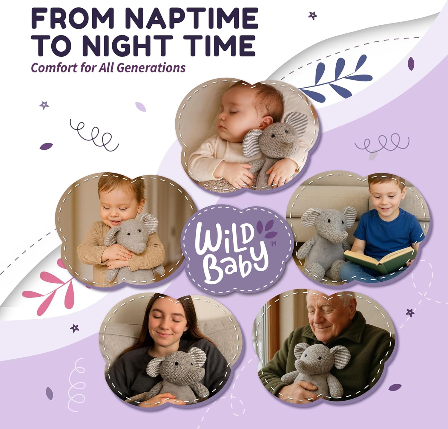 WILD BABY Microwavable & Weighted Plush Toy - Elephant Stuffed Animal for Comfort & Warmth - Soft, Heatable Plushie for Snuggles - Great for Kids, Toddlers & All Ages - Image 2