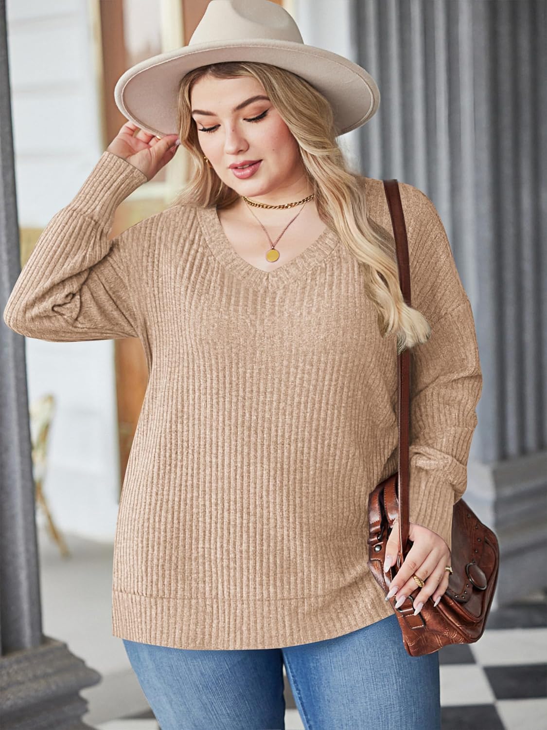 IN'VOLAND Women's Plus Size Long Sleeve Shirts V Neck Casual Fall Tops Loose Fit Lightweight Sweaters Tunic Fashion 2025 - Image 3
