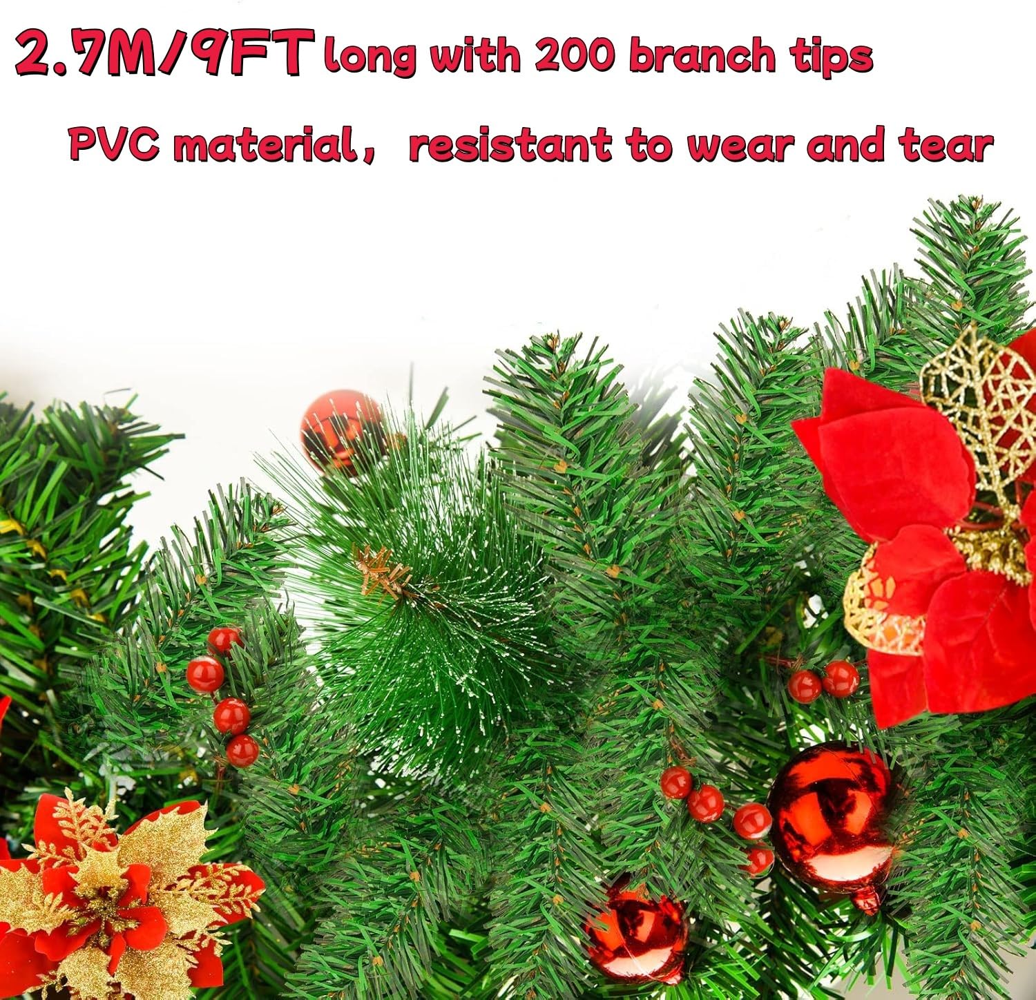 Guirnalda de Navidad 2,7M, 5M 30LEDs Guirnaldas Navideñas con Luces, Rojo Flores y Bolas, decoración navideña para Puertas, Ventanas, chimeneas, escaleras, Patio, Interior y Exterior