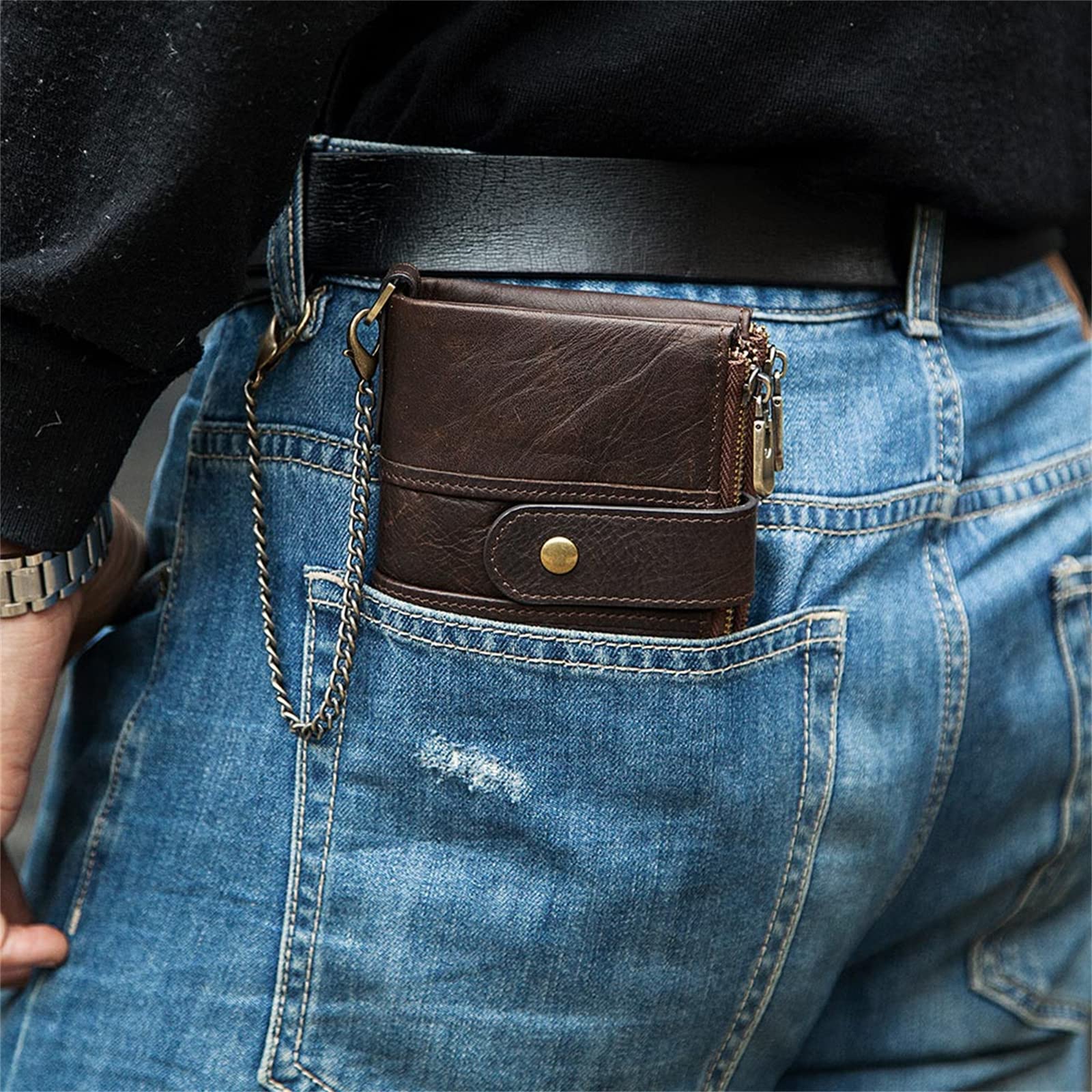 Cartera Hombre y Mujer Cuero Genuino Bloqueo RFID Billeteras Bifold con Monedero con Cremallera Botón a presión Tarjetero Ranuras Portamonedas Pequeña Carteras con Cadena Regalo