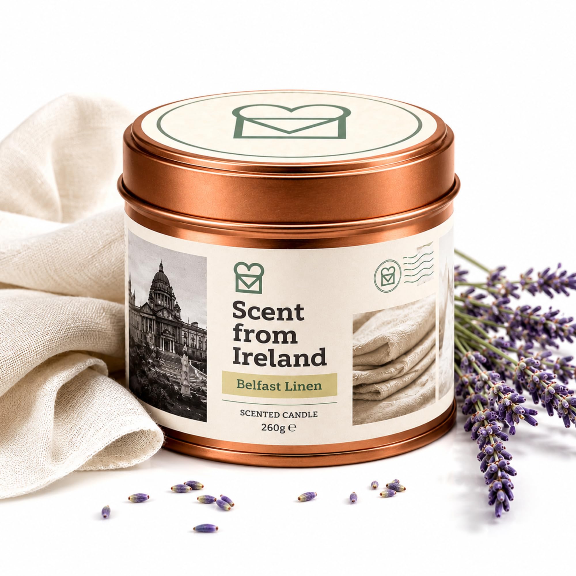 Scent From Ireland Belfast Linen Scented Candle – 260g Tin Candle with Lid – Fresh Lavender Home Fragrance – Long Burning Aromatherapy Candle – Relaxing Candle Gift for Women & Men