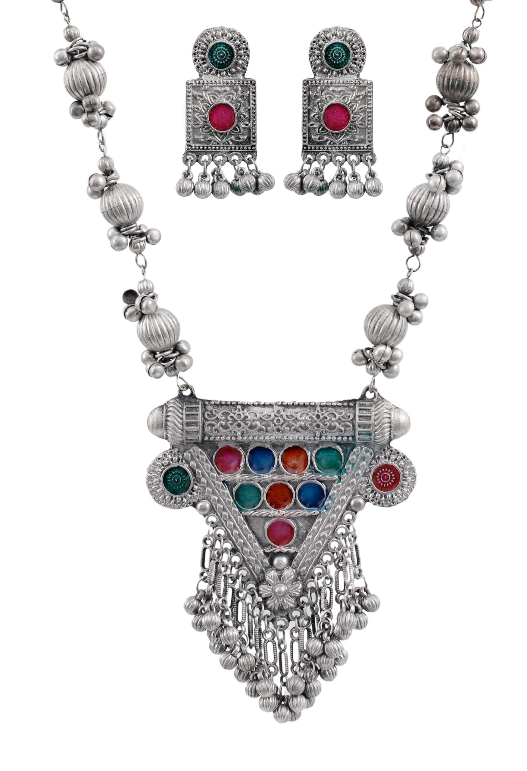 Designer Statement Afghani Antique Oxidised Silver Indian Party Ethnic Tassel Ghungroo Bells Tribal Gypsy Necklace Jewelry Set Women