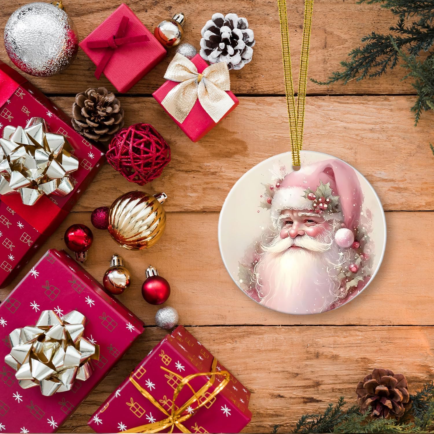 DNEULYR Santa Ornaments, Vintage Pink Ornaments for Christmas Tree, Pink Decorations, Christmas Decorative Hanging Ornament - Image 2