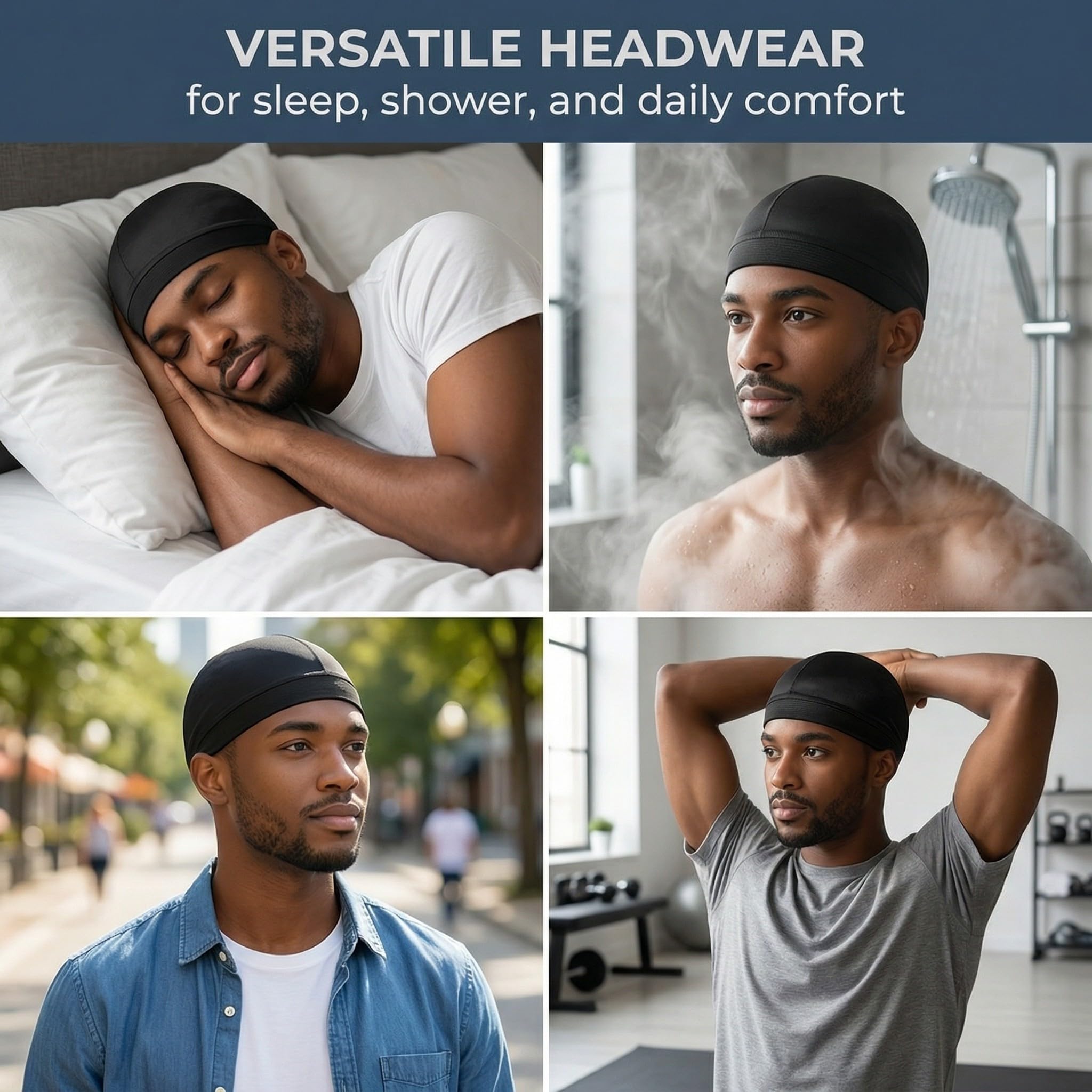 2 Pezzi Cuffie Ondulate Setose per Uomo, Fascia Elastica, Wave Caps, Durag Setoso, Copricapo, Bandana Uomo, Cuffia in Raso, per Dormire e Doccia (Circonferenza Testa 52cm)