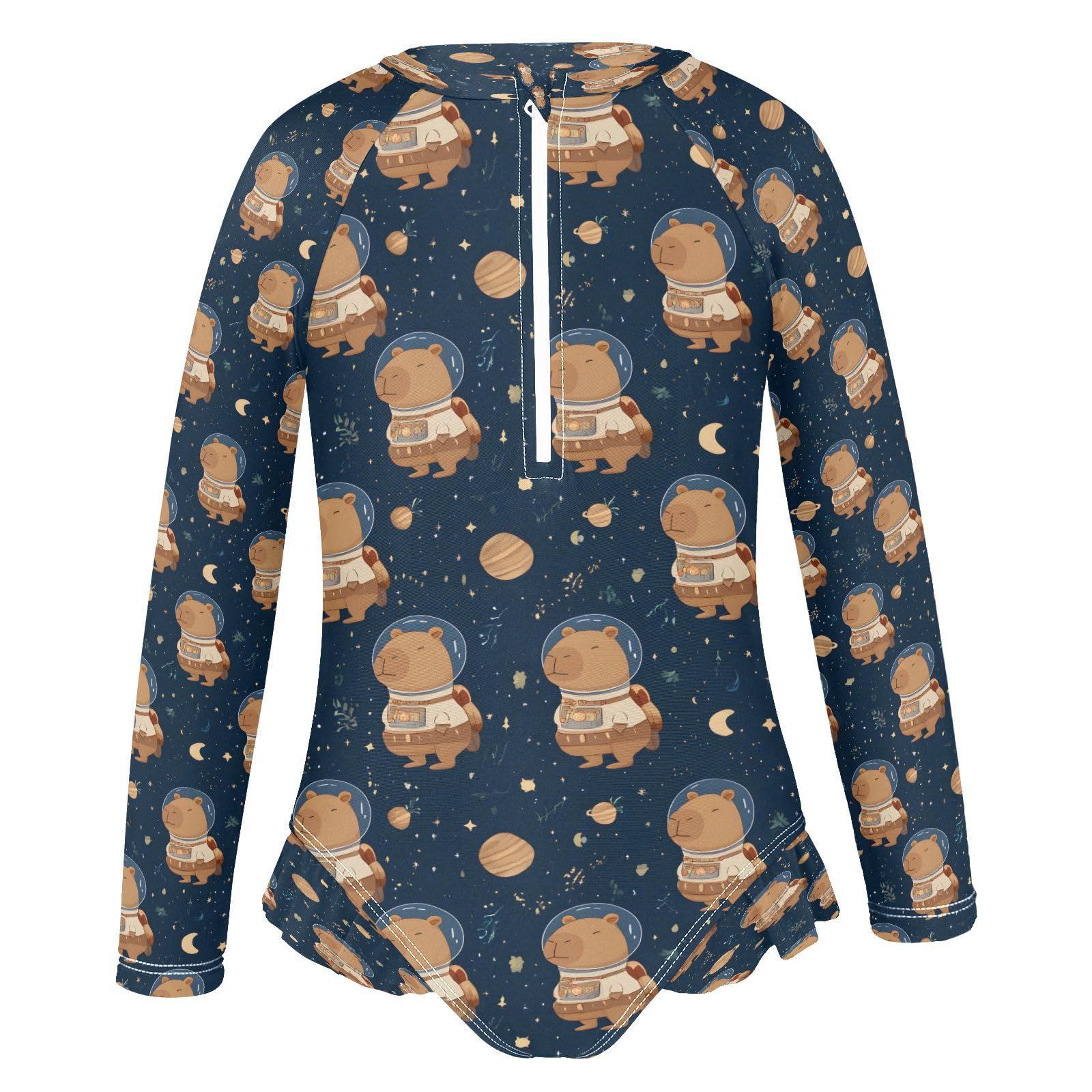 AEZODI Astronaut Space Capybara Girls Long Sleeve Swimsuits One Piece Zipper Bathing Suit UPF 50+ Rashguard Swimwear Multicoloured