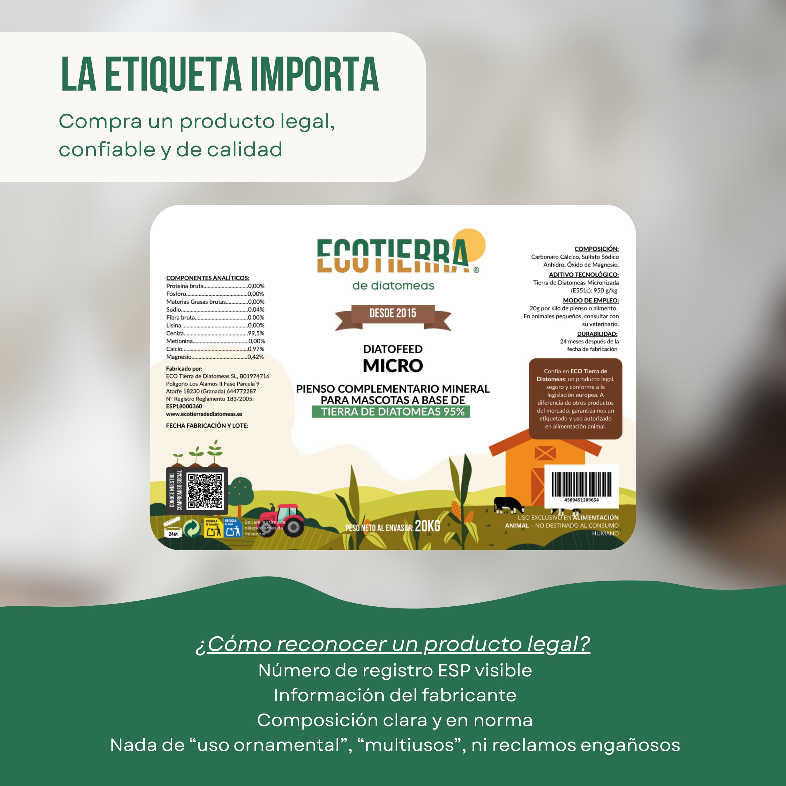 ECO Tierra de Diatomeas® Micronizada 5kg+1kg – Complemento mineral a base de Tierra de Diatomeas, Sin Calcinar, para Alimentación Animal – Seguridad, Calidad y Compromiso desde 2015