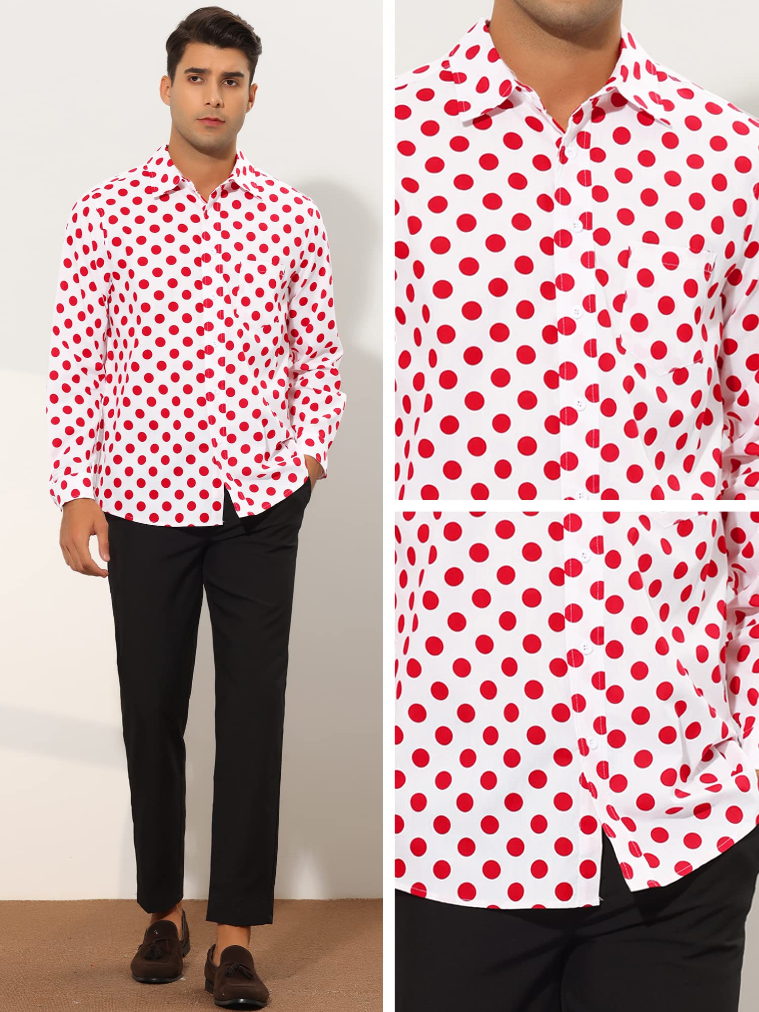 Lars Amadeus Camisa de vestir con estampado de lunares para hombre, con botones, manga larga, estilo casual