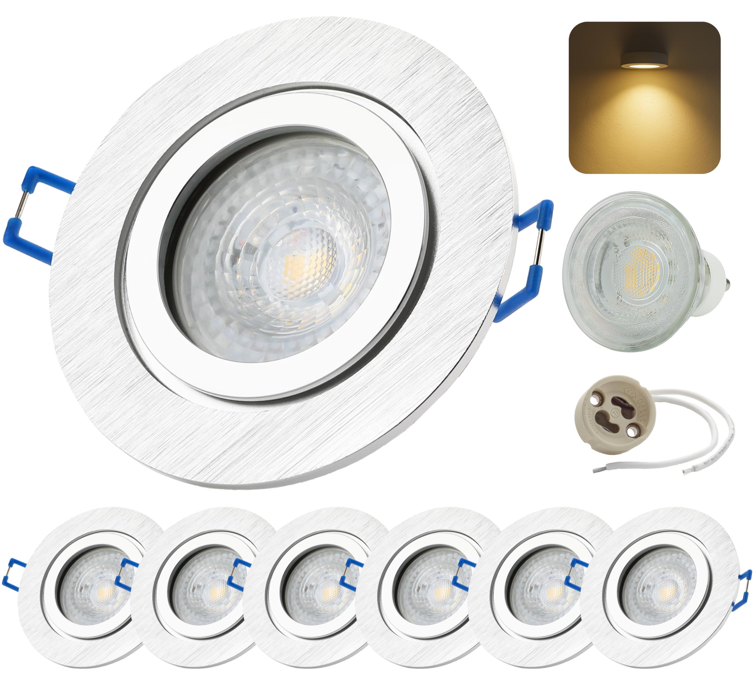 Sweet Led – 6x LED Einbaustrahler 230V GU10 IP44 aus Aluminium Einbauleuchten inkl. 7W Leuchtmittel (warmweiß) – Einbauspots für Badezimmer, Küche & Feuchträume