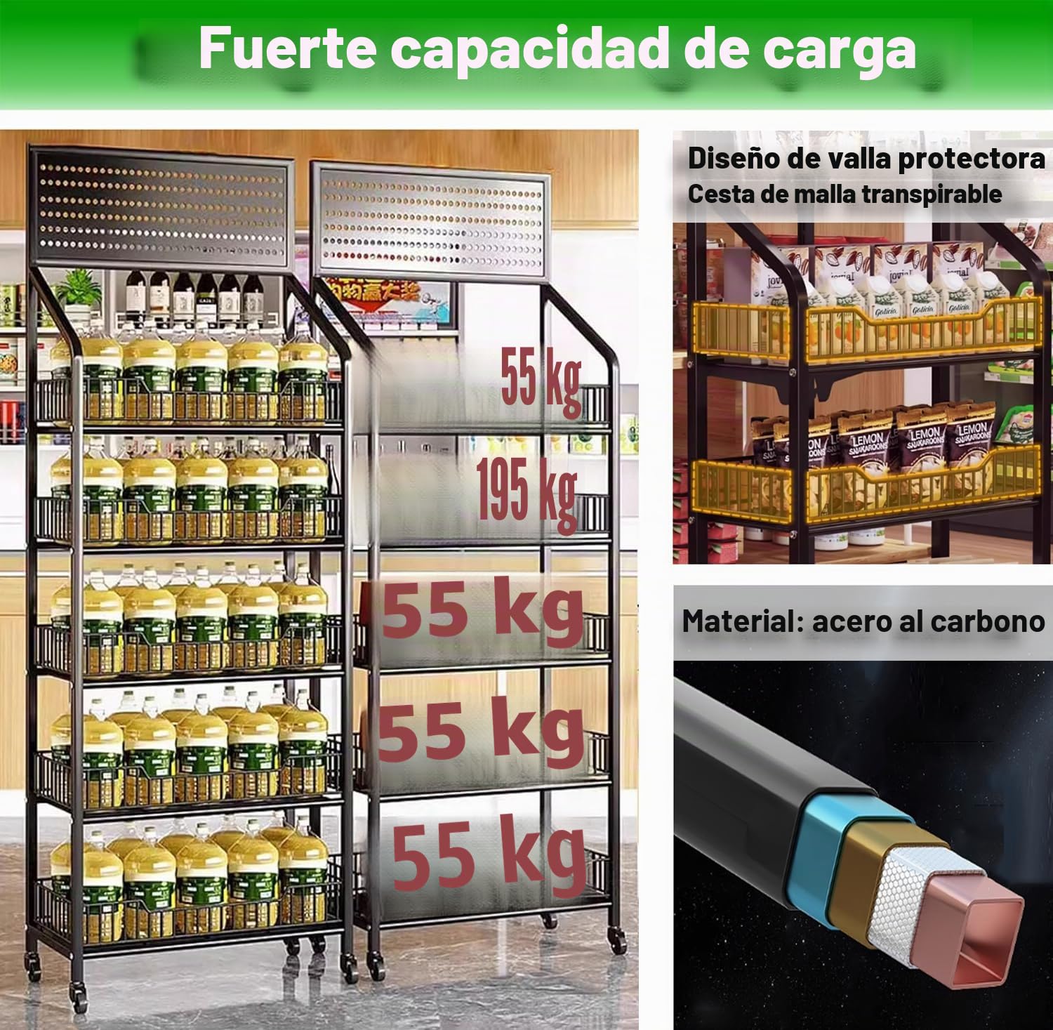 Estante de Aperitivos del Supermercado de 5 Niveles, Estantes de Exhibicidón de Metal con Ruedas, Grande Estante para Aperitivos con 15 Ganchos para Tiendas, Supermercados, Cocinas