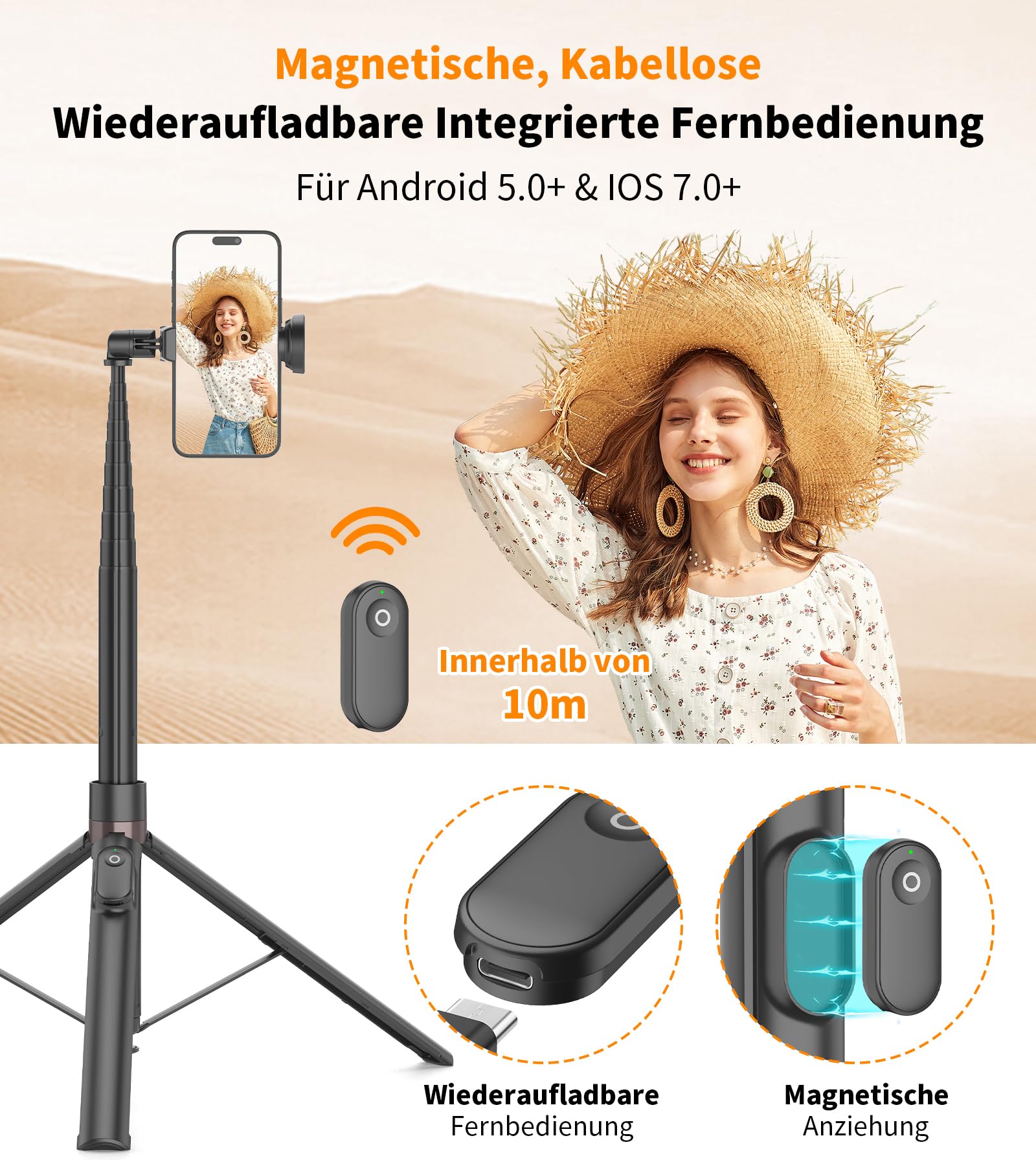 TONEOF 168cm Automatisches Selfie Stick Handy Stativ, Handy Halterung mit Magnetischer Wiederaufladbarer Fernbedienung,360° Drehbar Stativköpfe Ständer mit 2 Rotationsachsen für iPhone/Android–Schwarz