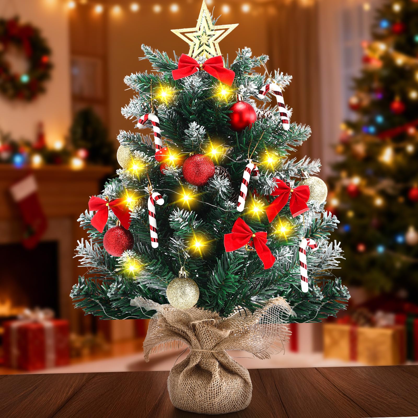Soulchen Mini sapin de Noël artificiel de table avec lumière - 0,6 m - 61 cm - Mini sapin de Noël artificiel avec 30 lumières LED - Petit centre de table pour décoration d'intérieur et de vacances